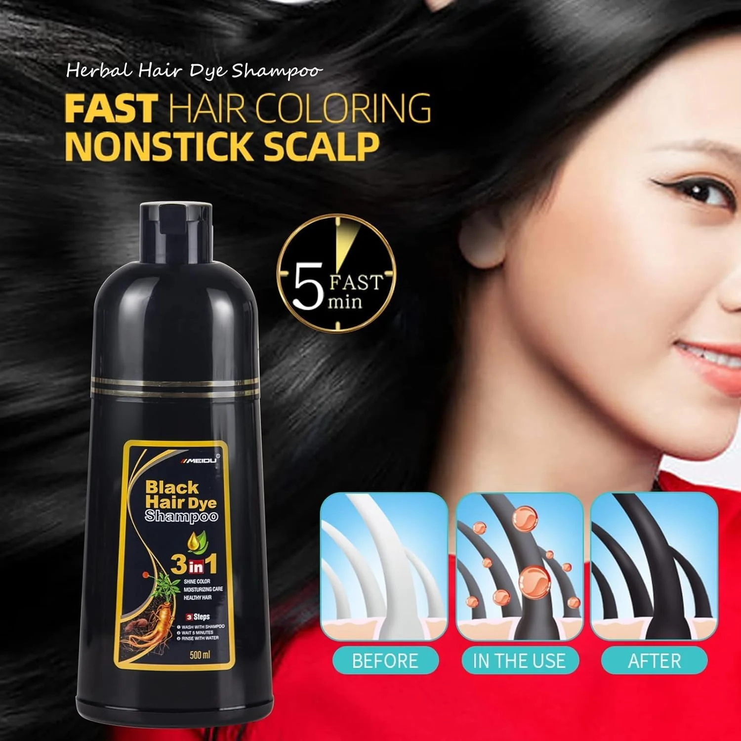 شامپو رنگ موی فوری مشکی برای زنان MEIDU، شامپو رنگ مو برای موهای خاکستری مردان - پوشش 100% موهای سفید - مواد گیاهی رنگ موی مشکی 3 در 1، 500 میلی لیتر