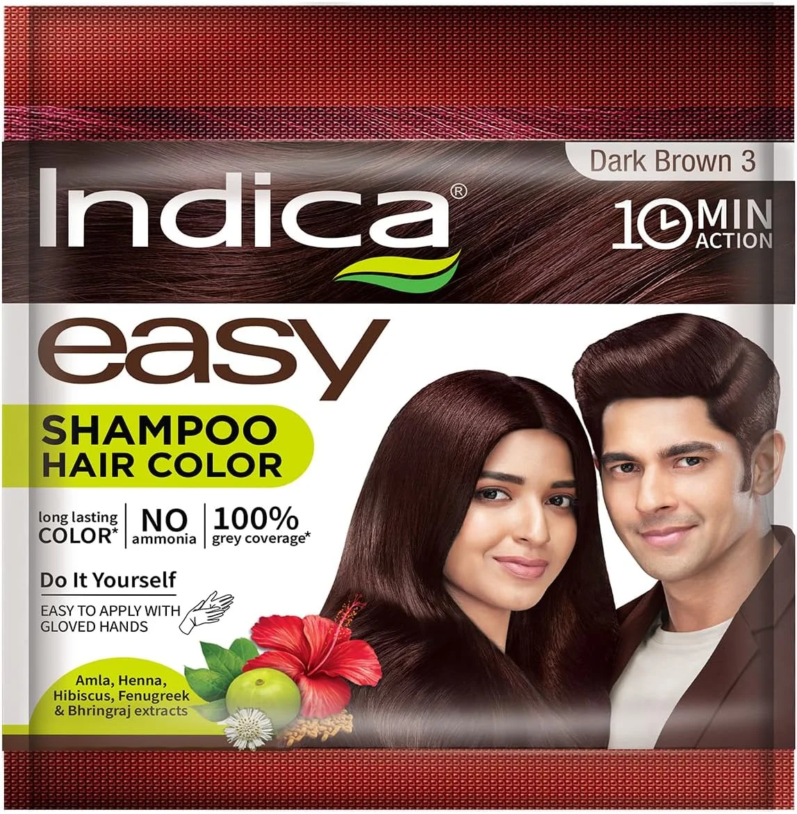 شامپو رنگ موی ایندیکا با استفاده آسان در 10 دقیقه، حاوی 5 عصاره گیاهی و 100% بدون آمونیاک، فرمول ماندگار (12.5 گرم + 12.5 میلی لیتر) - رنگ قهوه ای تیره (شامل دستکش)