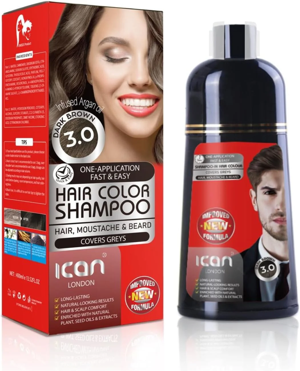 شامپو رنگ مو آیCan لندن، قهوه ای تیره 3.0، 400 میلی لیتر