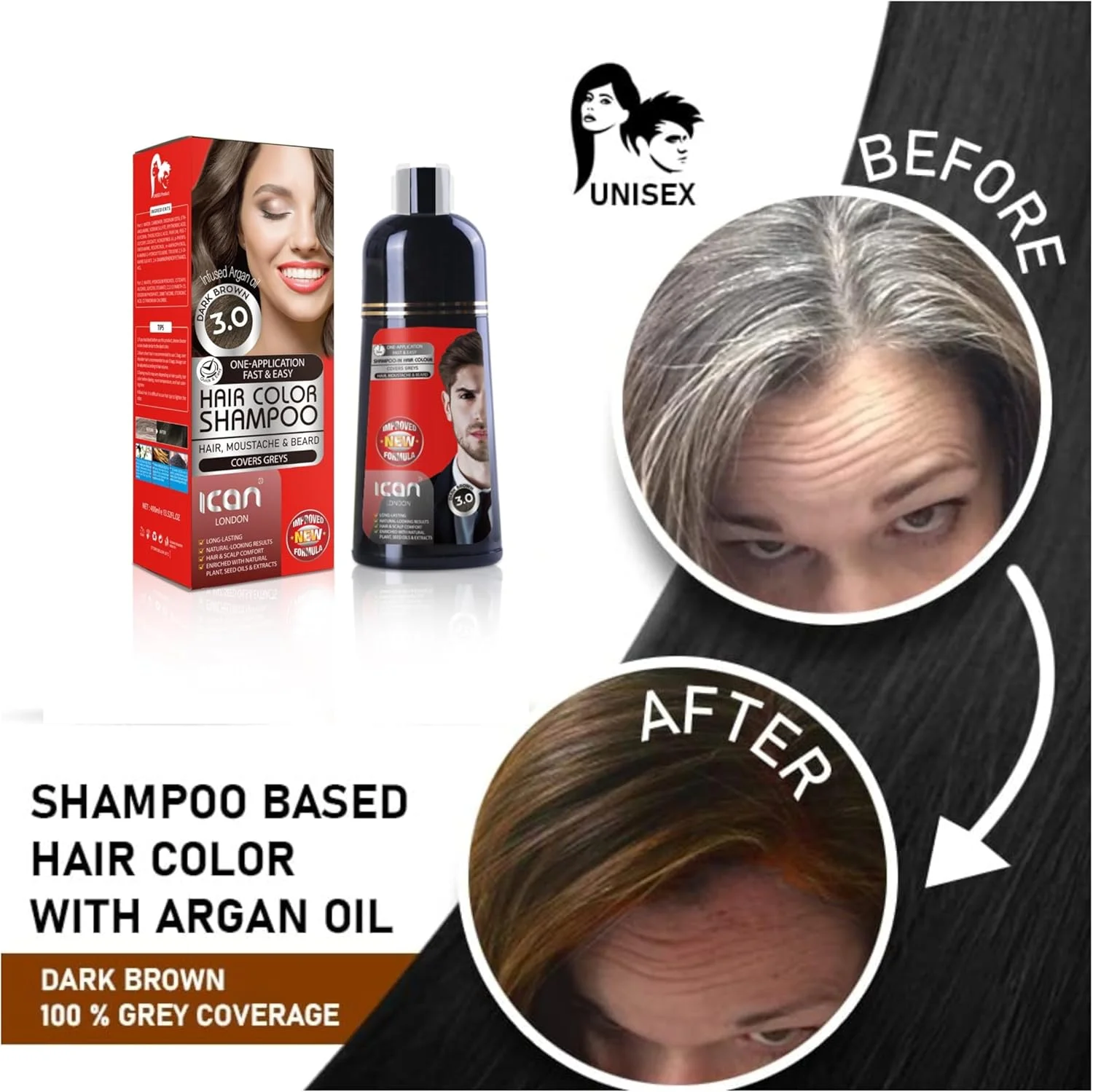 شامپو رنگ مو آیCan لندن، قهوه ای تیره 3.0، 400 میلی لیتر