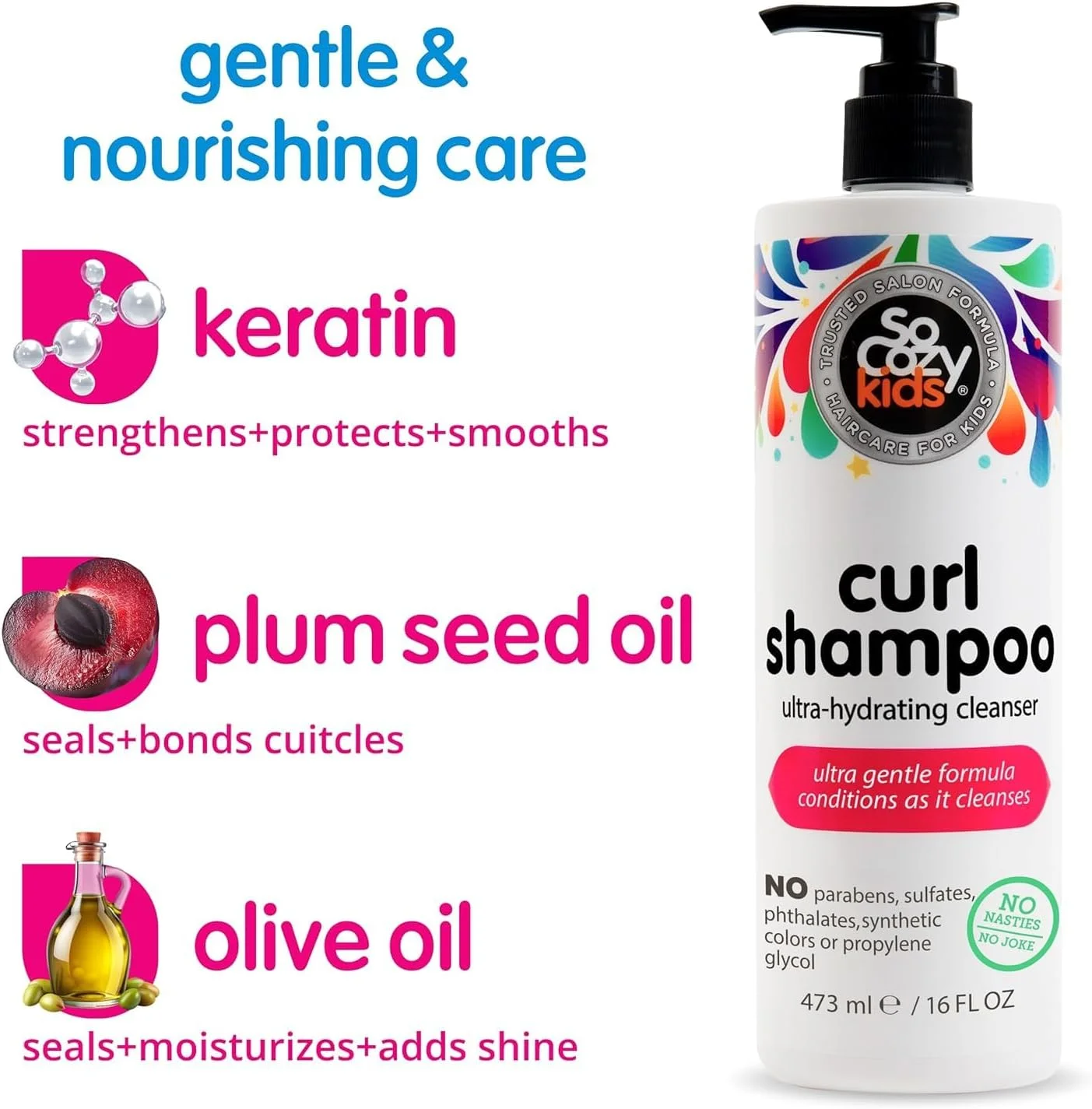 شامپو فر موی کودک SoCozy (پمپی ۴۷۳ میلی لیتر) پاک کننده ملایم و آبرسان، کمک به بهبود خاصیت ارتجاعی، کاهش شکستگی و وز مو با کراتین، روغن دانه آلو و روغن زیتون، فاقد پارابن و سولفات