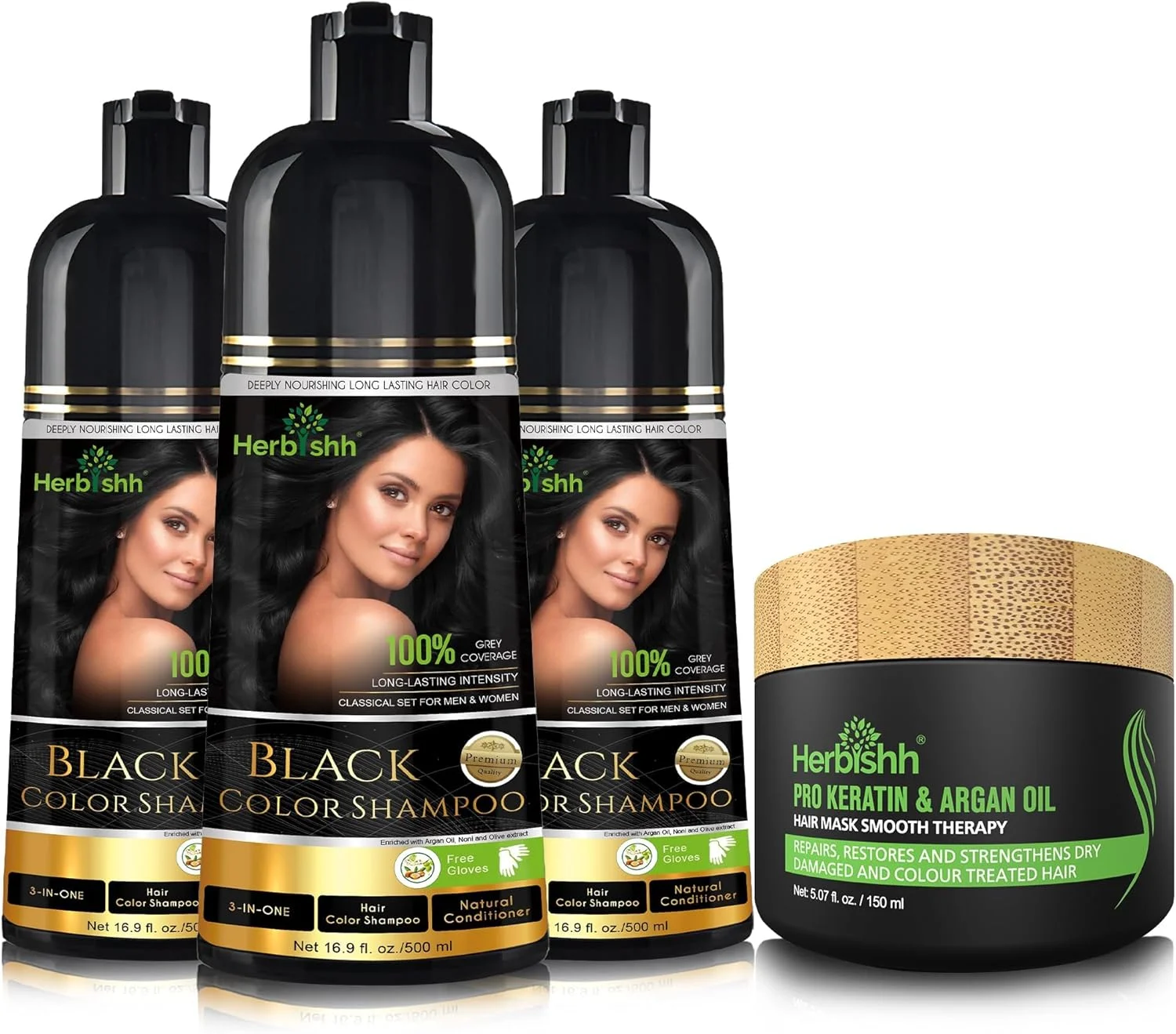 کیت شامپو رنگ مو نهایی هربیش (3 عدد شامپو رنگ مو + 1 ماسک مو آرگان) شامپو رنگ موی صاف و ماندگار برای موهای سفید مردان و زنان استفاده آسان و سریع - Combo4 (مشکی)