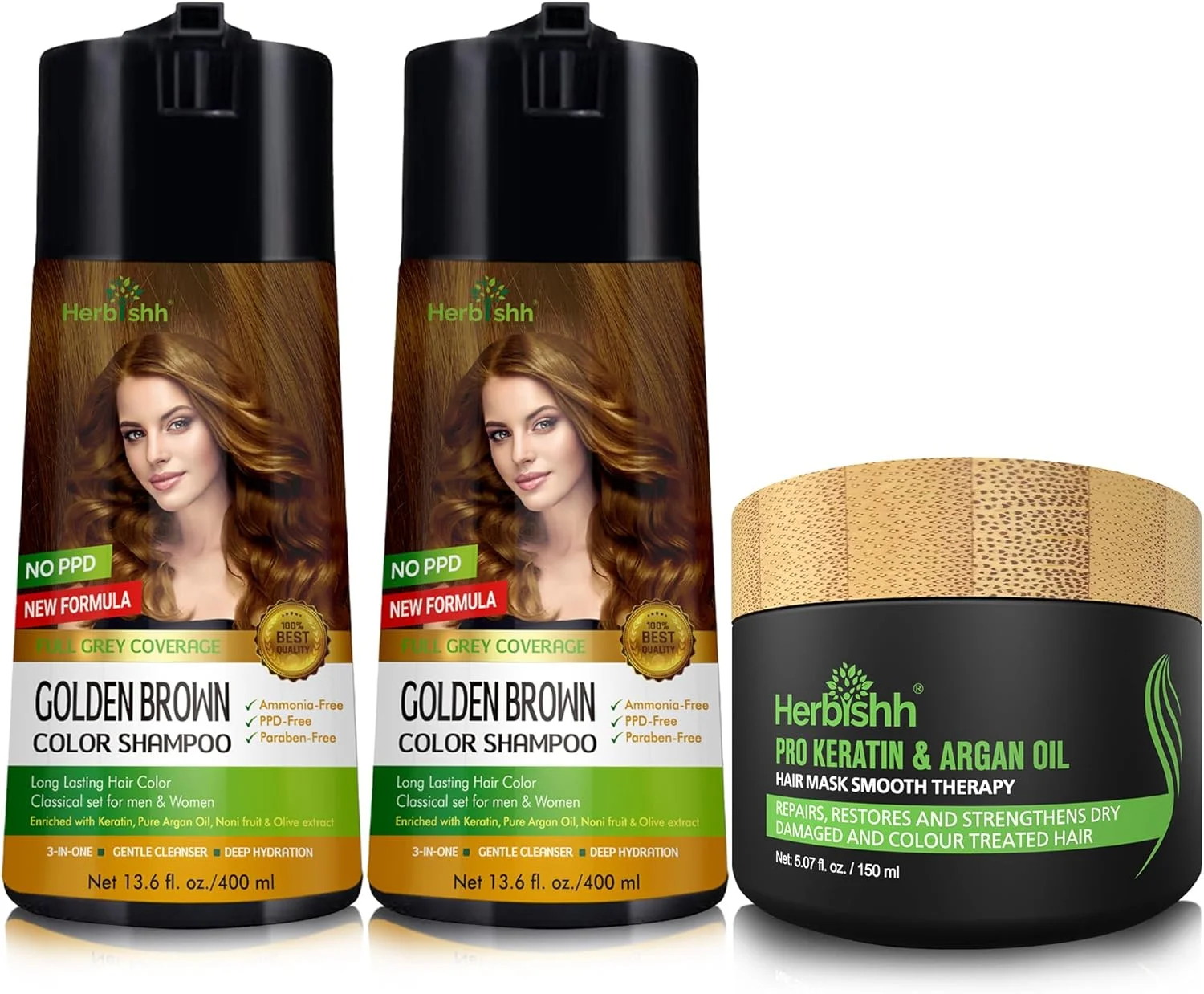شامپو رنگ موی فوری هربیش مدل قهوه ای طلایی 400 میلی لیتر، بسته 2 عددی برای موهای سفید + ماسک موی آرگان 150 گرمی برای نرمی و آبرسانی | شامپو برای رنگ کردن مو | DIY | قهوه ای طلایی شامپو رنگ موی فوری هربیش مدل قهوه ای طلایی 400 میلی لیتر، بسته 2 عددی برای موهای سفید + ماسک موی آرگان 150 گرمی برای نرمی و آبرسانی | شامپو برای رنگ کردن مو | DIY | قهوه ای طلایی