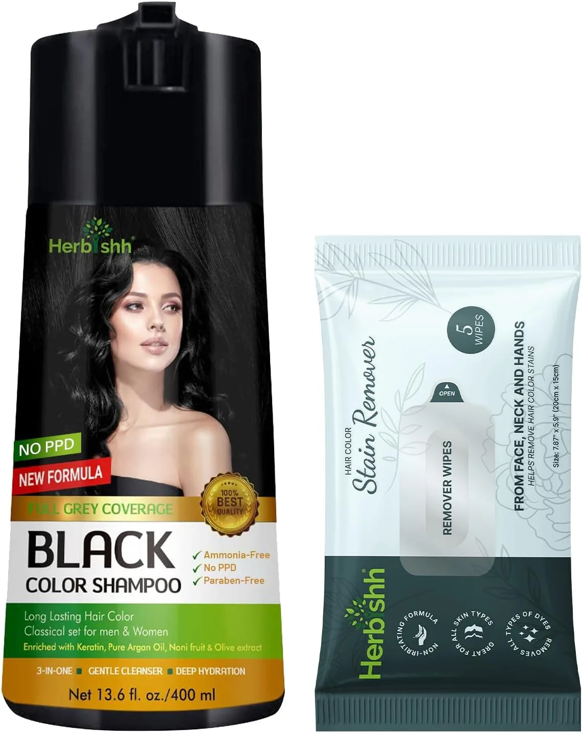 شامپو رنگ مو هربیش (مشکی، 400 میلی لیتر) به همراه دستمال مرطوب پاک کننده رنگ مو - بدون PPD و آمونیاک، رنگ مو و ریش برای زنان و مردان | پوشش آسان موهای سفید با دستمال مرطوب ایمن رنگ مو برای پوست شامپو رنگ مو هربیش (مشکی، 400 میلی لیتر) به همراه دستمال مرطوب پاک کننده رنگ مو - بدون PPD و آمونیاک، رنگ مو و ریش برای زنان و مردان | پوشش آسان موهای سفید با دستمال مرطوب ایمن رنگ مو برای پوست