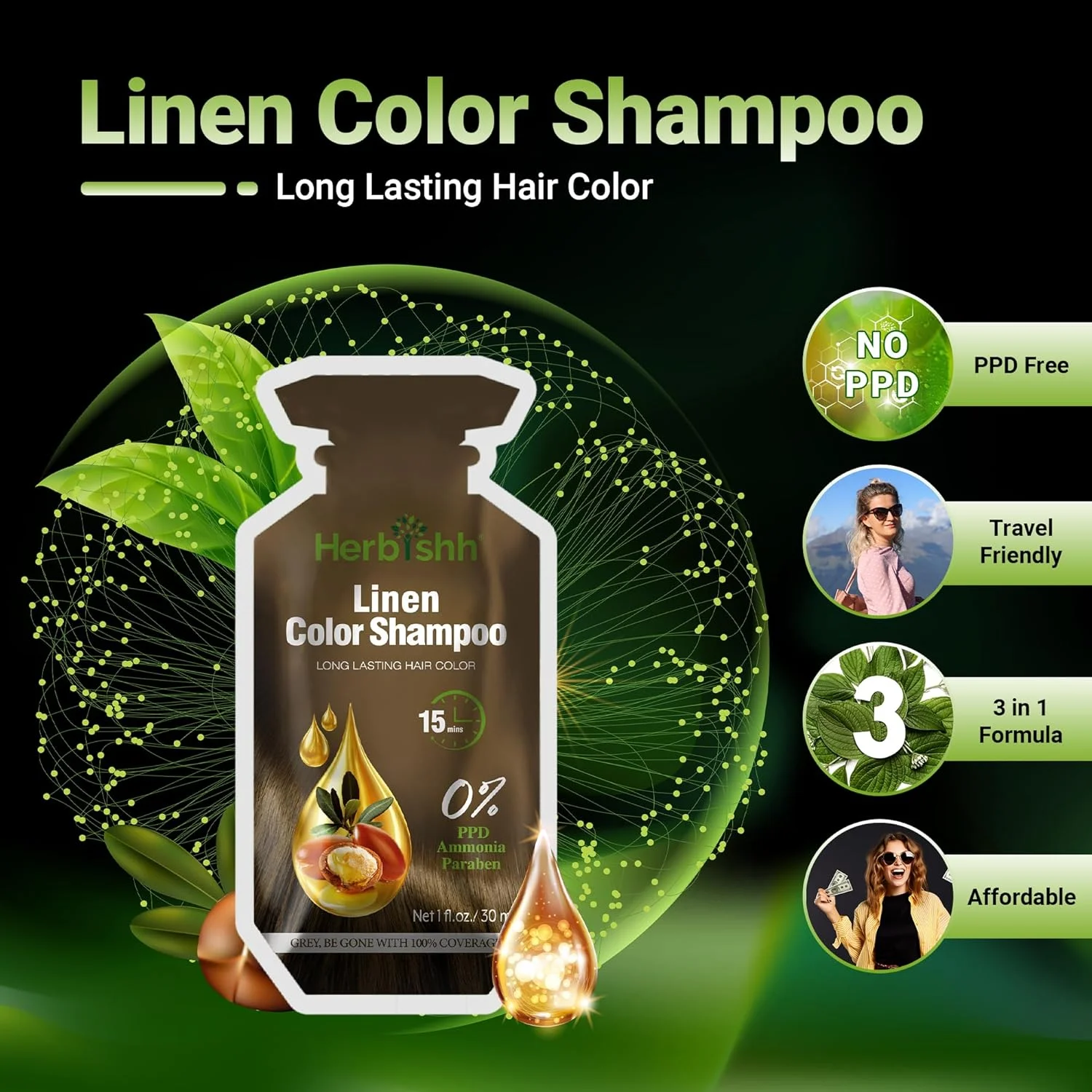 شامپو رنگ مو هربیش 10 ساشه + 1 ماسک مو آرگان | رنگ مو 3 در 1 | استفاده آسان | پوشش موهای سفید | اندازه مسافرتی | موجود در 6 رنگ | رنگ مو ماندگار (کتانی)