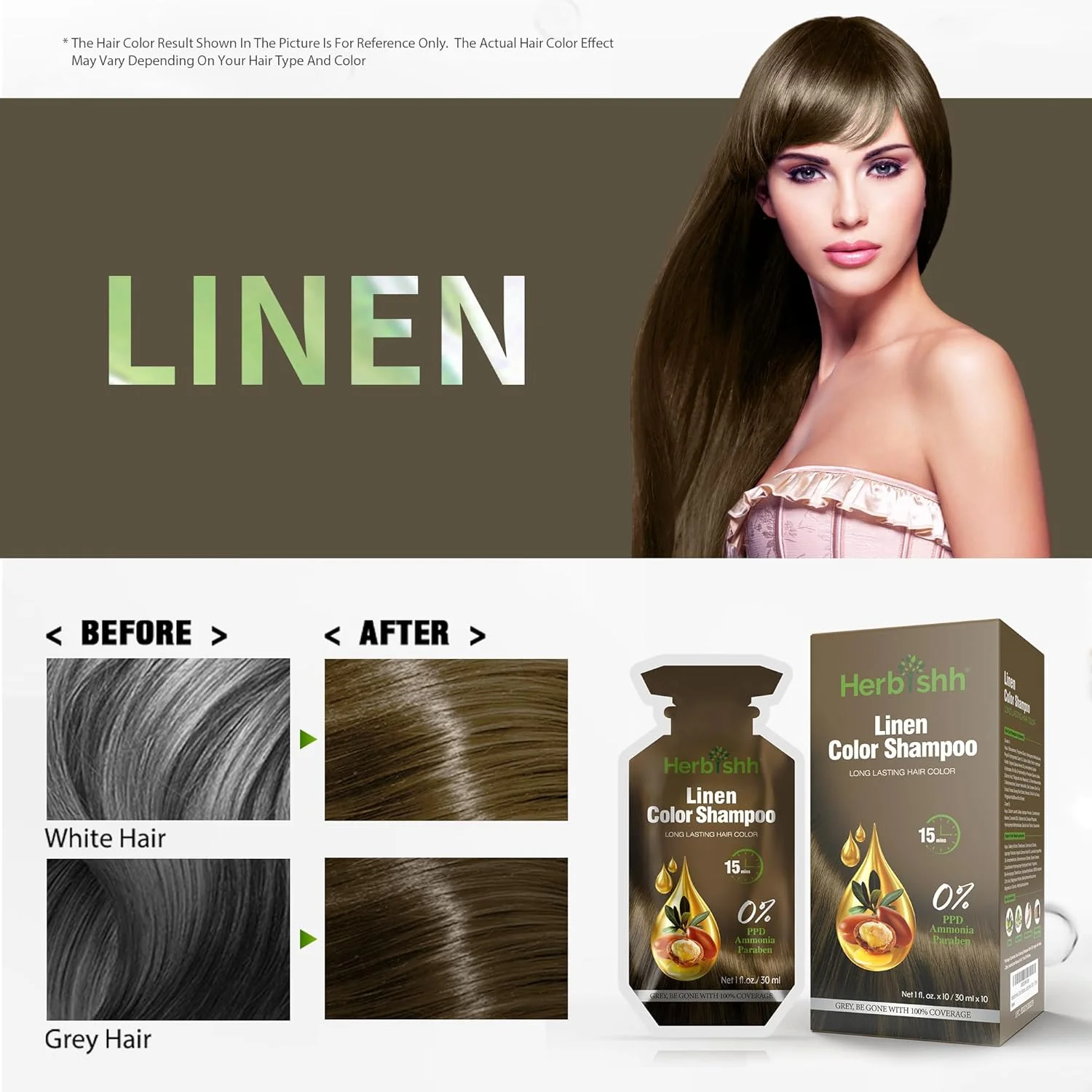 شامپو رنگ مو هربیش 10 ساشه + 1 ماسک مو آرگان | رنگ مو 3 در 1 | استفاده آسان | پوشش موهای سفید | اندازه مسافرتی | موجود در 6 رنگ | رنگ مو ماندگار (کتانی)