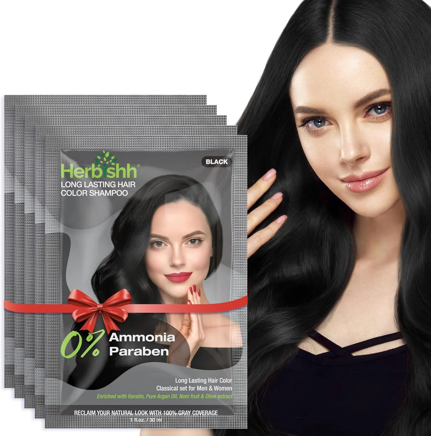 شامپو رنگ موی مشکی هربیش برای موهای سفید، شامپو رنگ مو 3 در 1، پوشش 100% موهای سفید، شامپو دائمی فوری برای آقایان و بانوان، ماندگاری طولانی و مناسب مسافرت، بدون آمونیاک، 30 میلی لیتر (بسته 5 عددی)