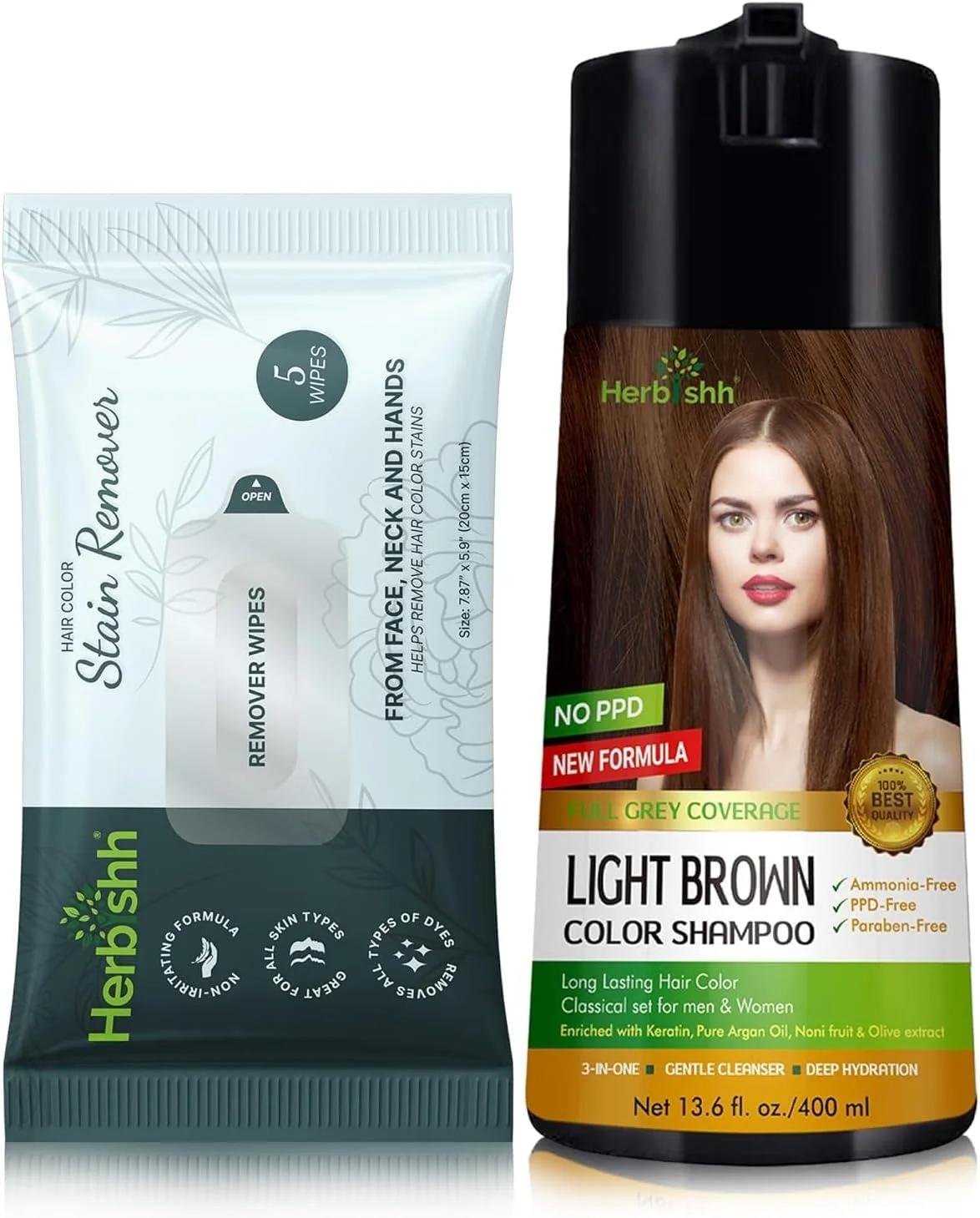 شامپو رنگ مو هربیش 400 میلی لیتر قهوه ای روشن + دستمال مرطوب پاک کننده رنگ مو سایز مسافرتی، 5 عدد
