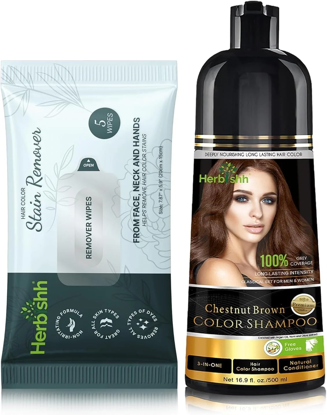 شامپو رنگ موی هربیش رنگ شاه بلوطی قهوه ای 500 میلی لیتر + دستمال مرطوب پاک کننده لکه رنگ مو سایز مسافرتی، 5 عدد