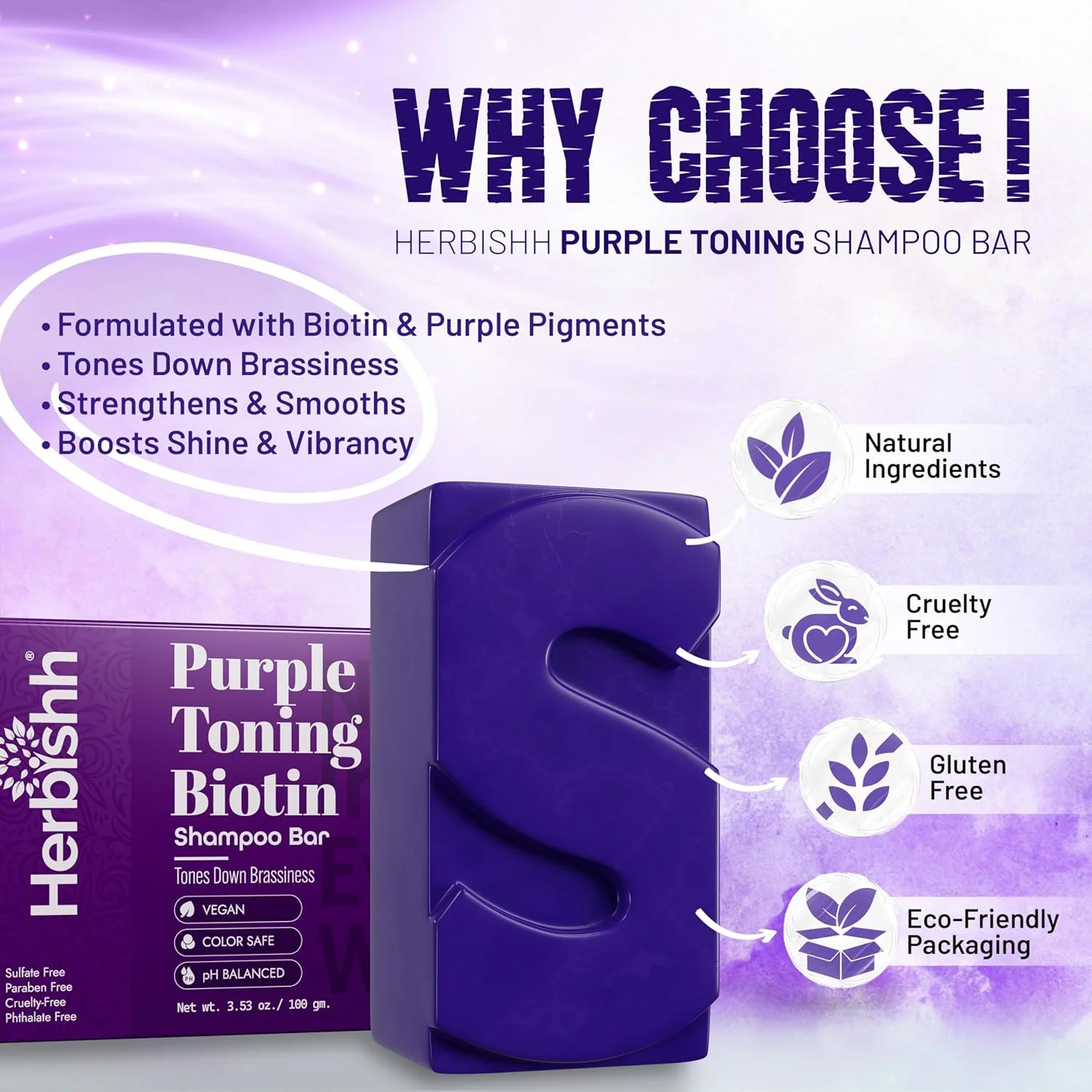 شامپو بنفش هربیش برای موهای بلوند حاوی بیوتین | شامپو جامد برای خنثی کردن رنگ زرد، تقویت و درخشش مو، پوشش موهای خاکستری، مناسب موهای رنگ شده و هایلایت شده، وگان و بدون سولفات، 100 گرم