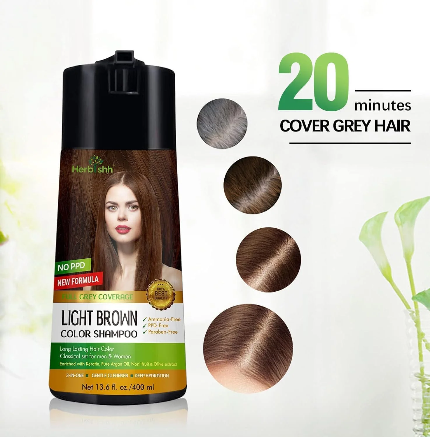 شامپو رنگ مو هربیش 400 میلی لیتر قهوه ای روشن + دستمال مرطوب پاک کننده رنگ مو سایز مسافرتی، 5 عدد