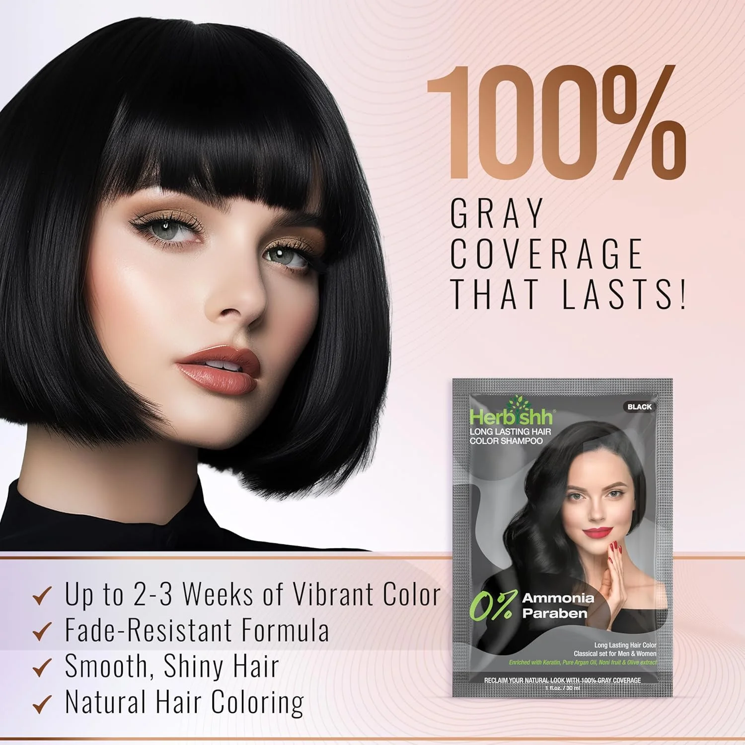 شامپو رنگ موی مشکی هربیش برای موهای سفید، شامپو رنگ مو 3 در 1، پوشش 100% موهای سفید، شامپو دائمی فوری برای آقایان و بانوان، ماندگاری طولانی و مناسب مسافرت، بدون آمونیاک، 30 میلی لیتر (بسته 5 عددی)