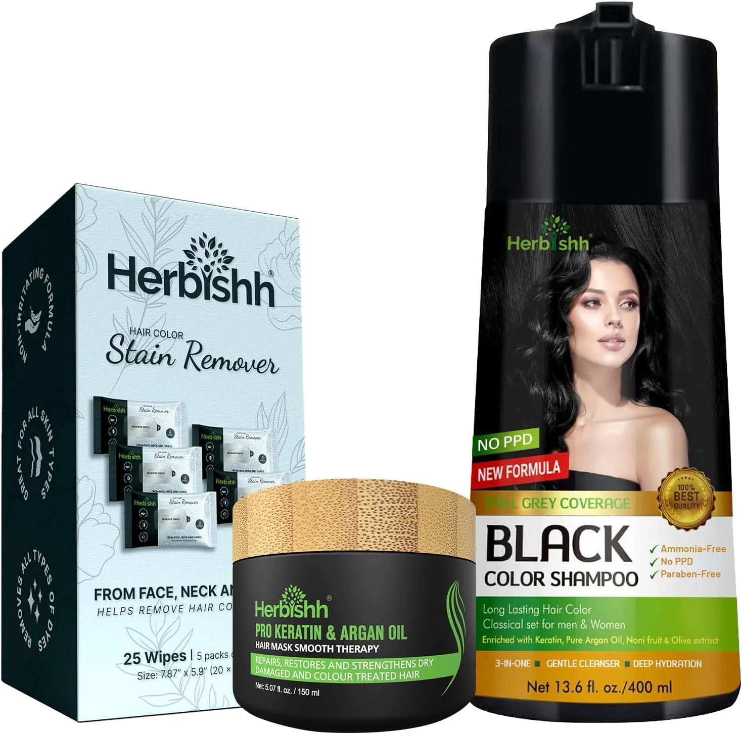 شامپو رنگ مو هربیش (مشکی، 400 میلی لیتر) + ماسک کراتین و آرگان (150 گرم) + دستمال مرطوب پاک کننده رنگ مو (بسته 5 عددی) – بدون رنگ PPD برای زنان و مردان | ماسک کراتین