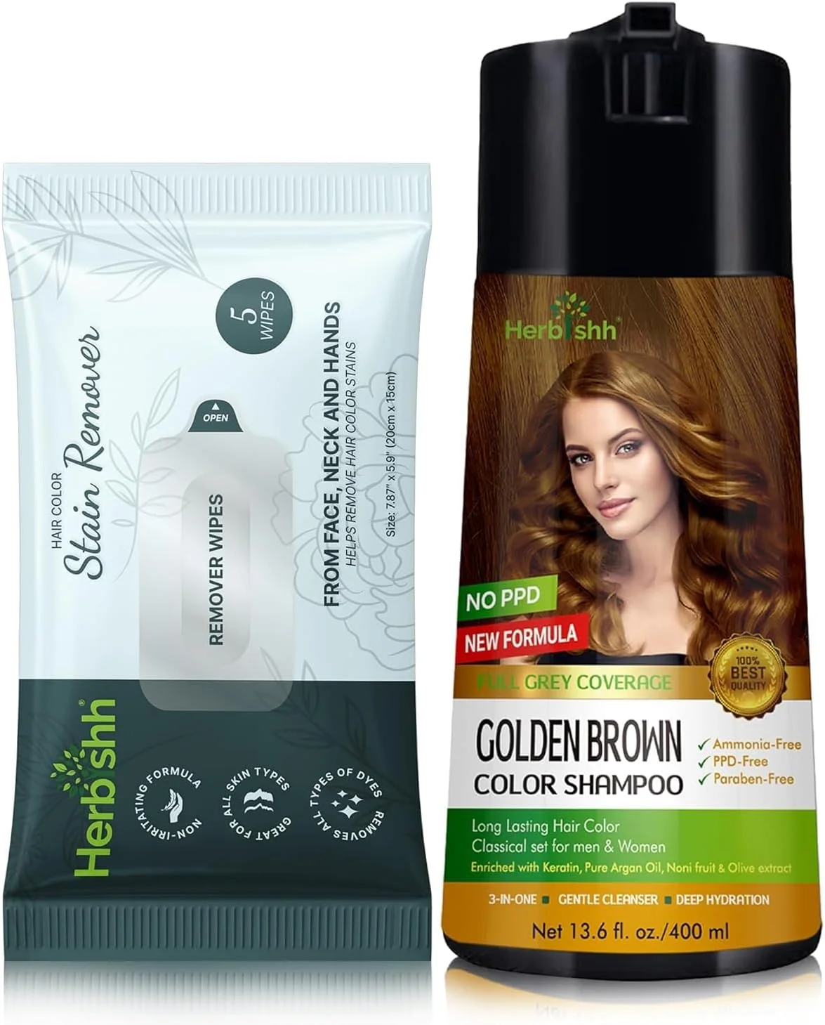 شامپو رنگ مو هربیش 400 میلی لیتر قهوه ای طلایی + دستمال مرطوب پاک کننده رنگ مو سایز مسافرتی، 5 عدد شامپو رنگ مو هربیش 400 میلی لیتر قهوه ای طلایی + دستمال مرطوب پاک کننده رنگ مو سایز مسافرتی، 5 عدد