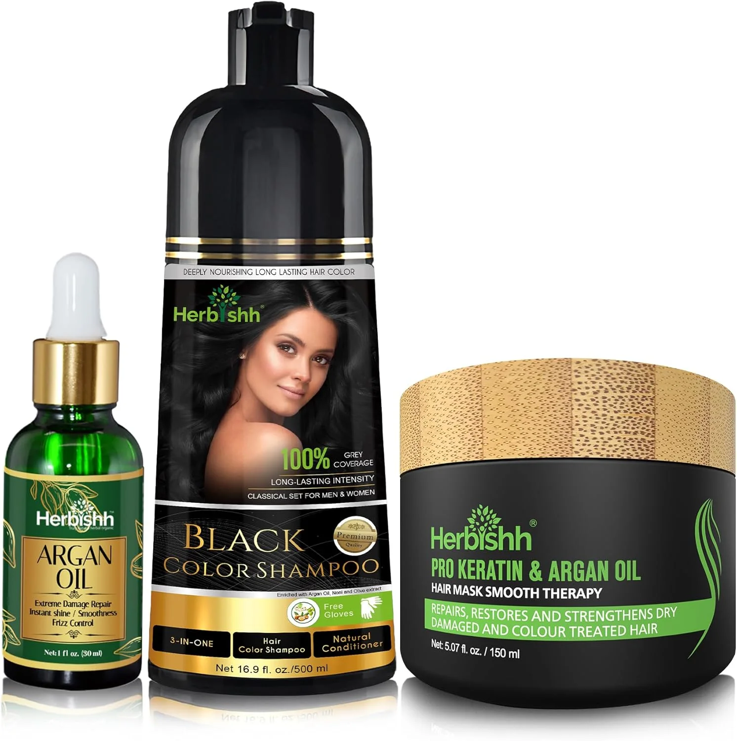 مجموعه شامپو تثبیت کننده رنگ مو هربیش شامل شامپو رنگ مو 500 میلی لیتر، روغن آرگان 30 میلی لیتر، ماسک مو آرگان و پرو کراتین 100 گرمی برای صاف کردن، درخشندگی و محافظت از مو برای آقایان و بانوان (مشکی)