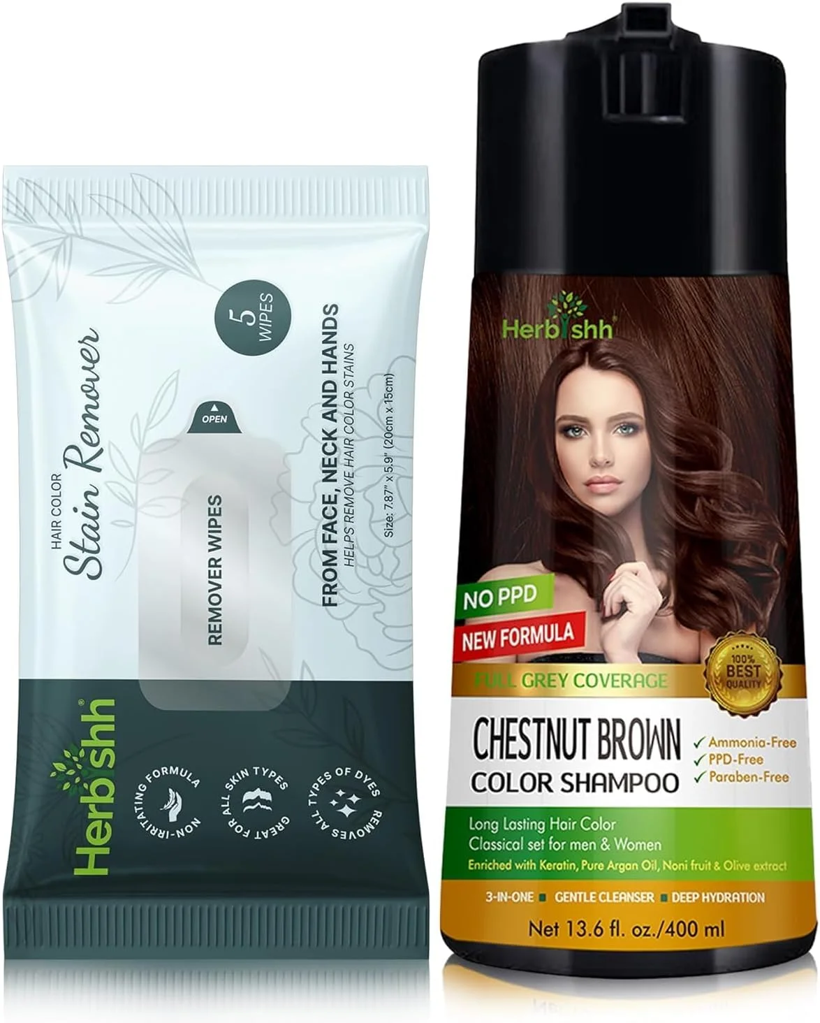 شامپو رنگ موی هربیش مدل Chestnut Brown حجم 400 میلی لیتر + دستمال مرطوب پاک کننده رنگ مو سایز مسافرتی، 5 عدد