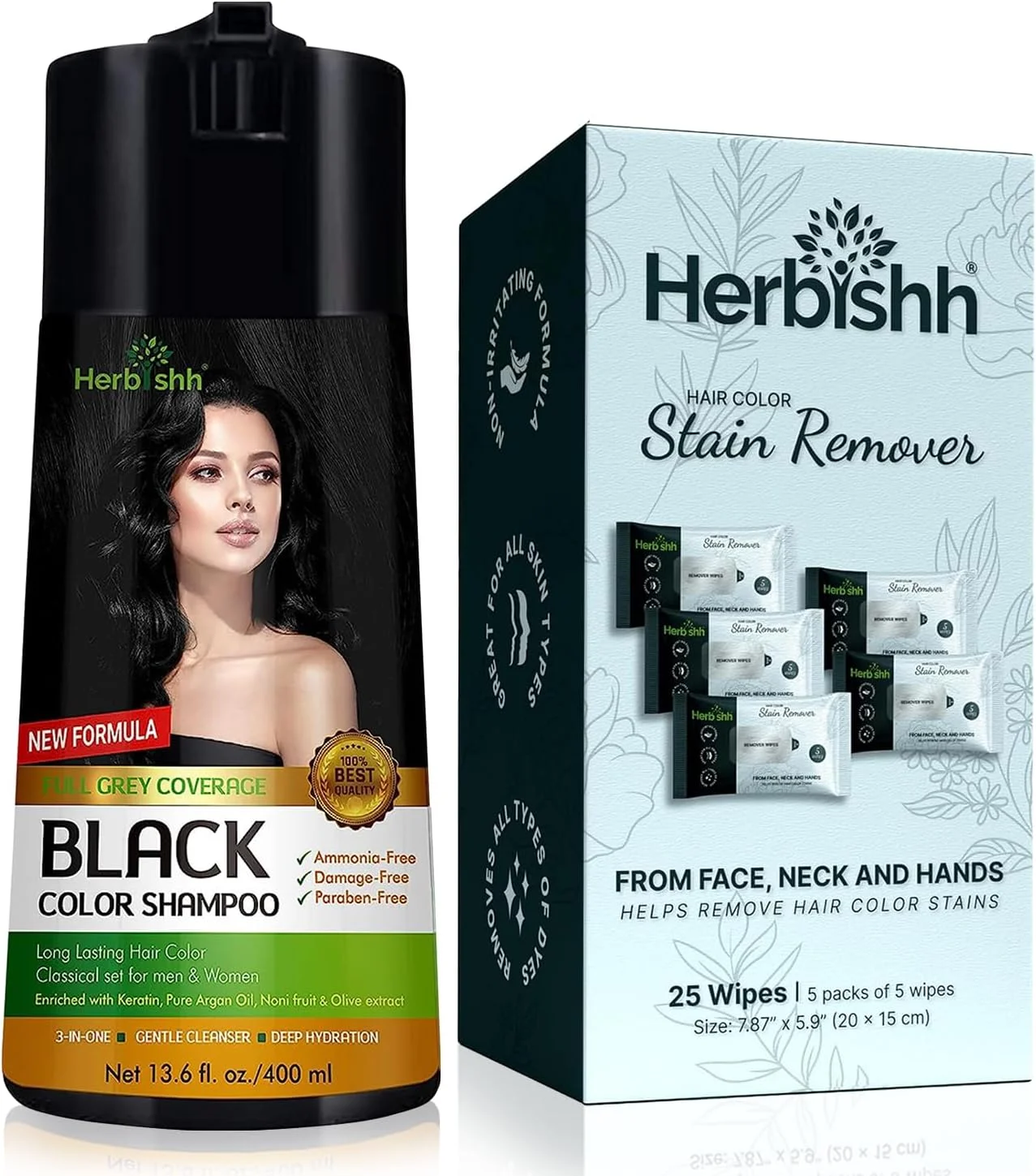 شامپو رنگ موی مشکی فاقد PPD هربیش 400 میلی لیتر + بسته 5 عددی دستمال مرطوب پاک کننده لکه رنگ مو سایز مسافرتی