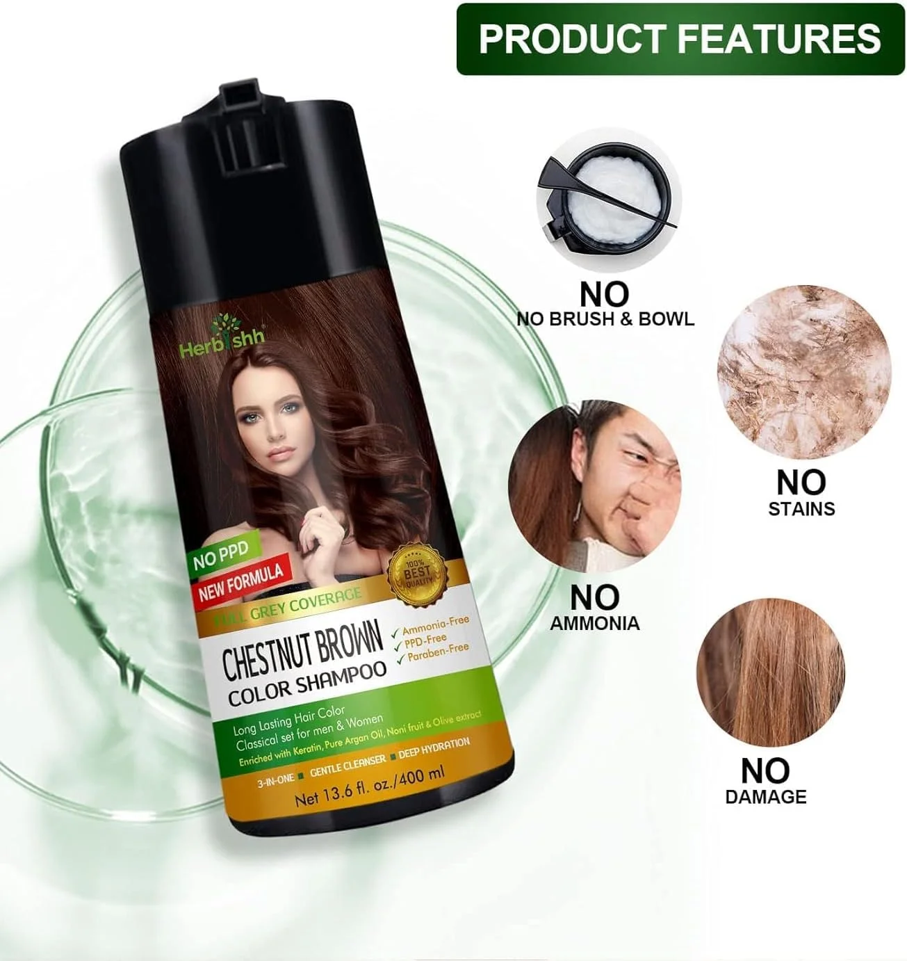 شامپو رنگ موی هربیش مدل Chestnut Brown حجم 400 میلی لیتر + دستمال مرطوب پاک کننده رنگ مو سایز مسافرتی، 5 عدد