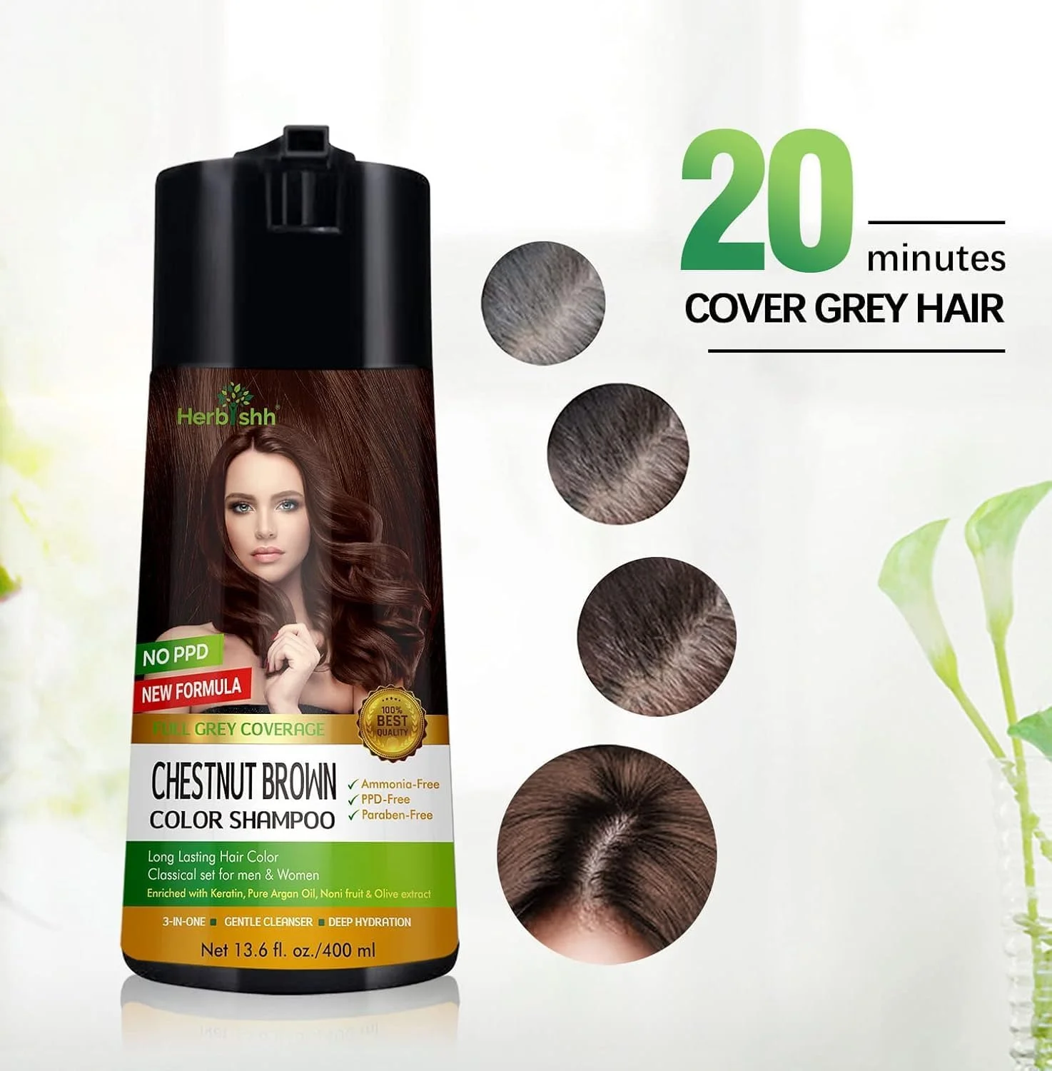 شامپو رنگ موی هربیش مدل Chestnut Brown حجم 400 میلی لیتر + دستمال مرطوب پاک کننده رنگ مو سایز مسافرتی، 5 عدد