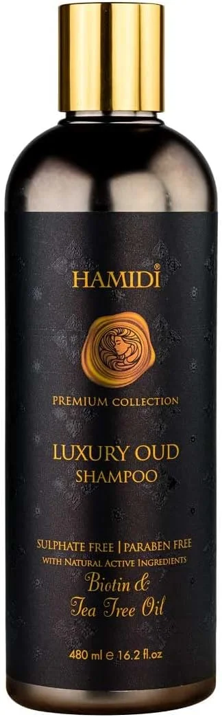 شامپو عود لوکس حمیدی حاوی بیوتین و روغن درخت چای 480 میلی لیتر، با مواد فعال طبیعی، بدون سولفات و پارابن، مناسب برای آقایان و بانوان