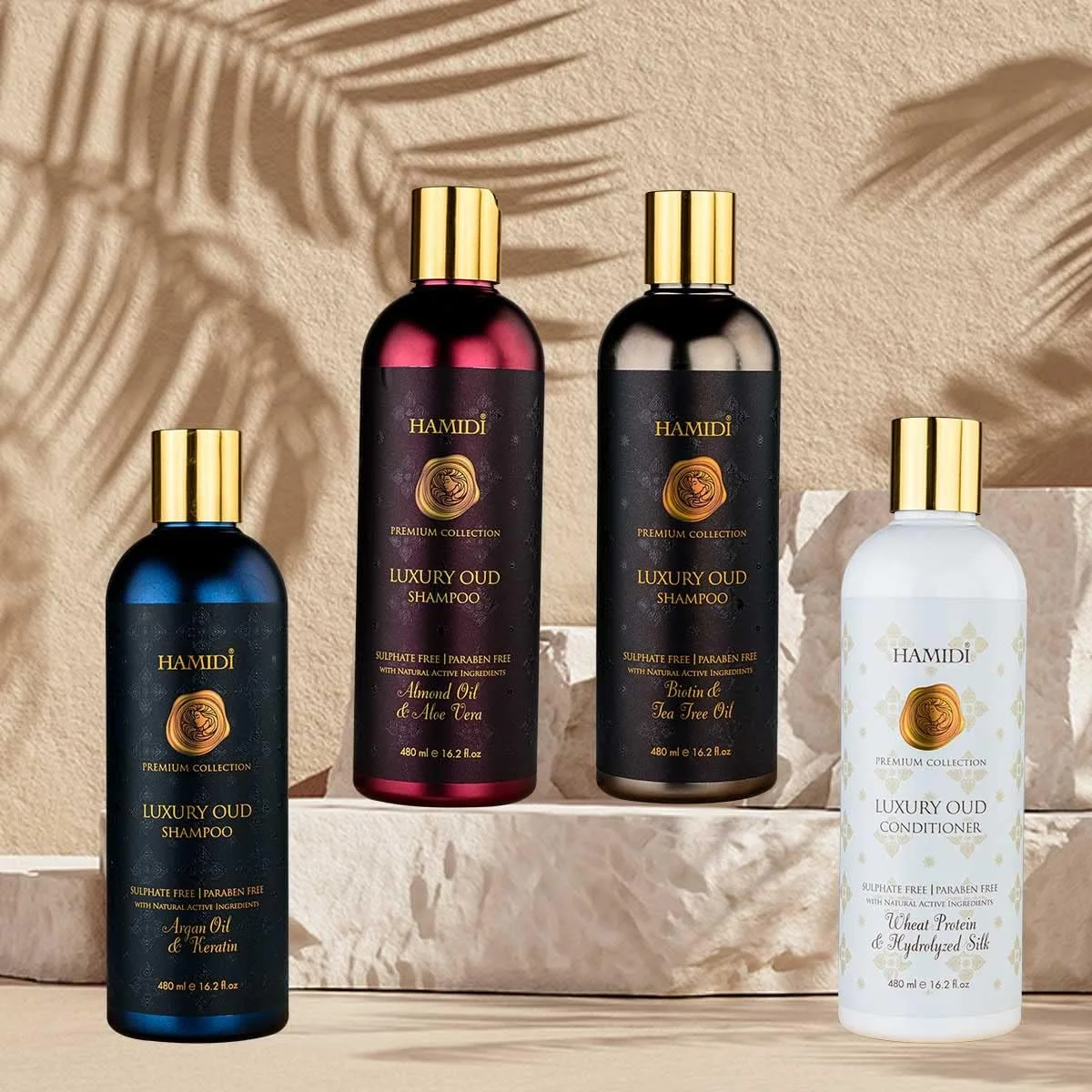 شامپو عود لوکس حمیدی حاوی بیوتین و روغن درخت چای 480 میلی لیتر، با مواد فعال طبیعی، بدون سولفات و پارابن، مناسب برای آقایان و بانوان