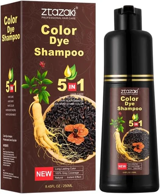 شامپو رنگ مو برای پوشش موهای سفید - 3 در 1 رنگ، تمیز کننده و نرم کننده، فرمول گیاهی طبیعی، بدون آمونیاک، قهوه ای تیره، 500 میلی لیتر، برای خانم ها، رنگ ماندگار