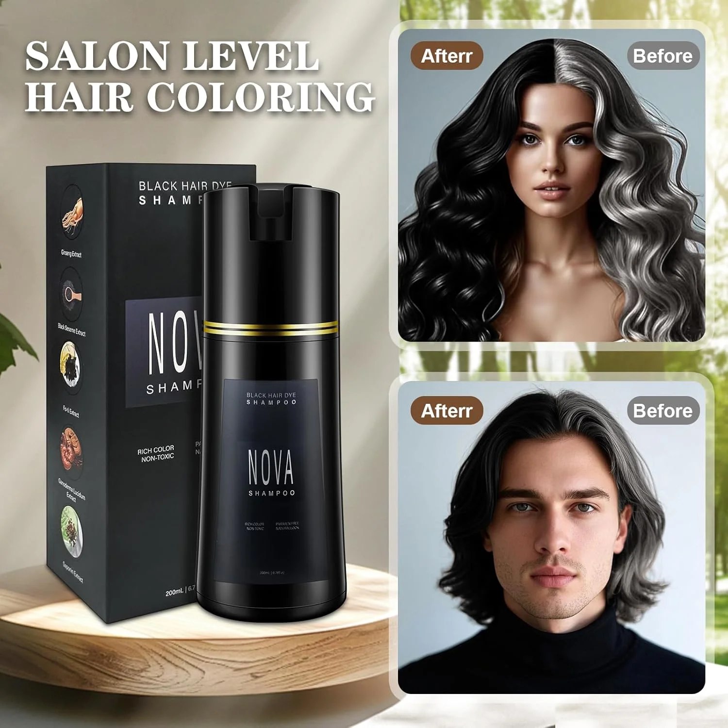 شامپو رنگ مو و شامپو برای موهای سفید - پوشش فوری طبیعی 3 در 1 برای موهای سفید مردان و زنان (مشکی)