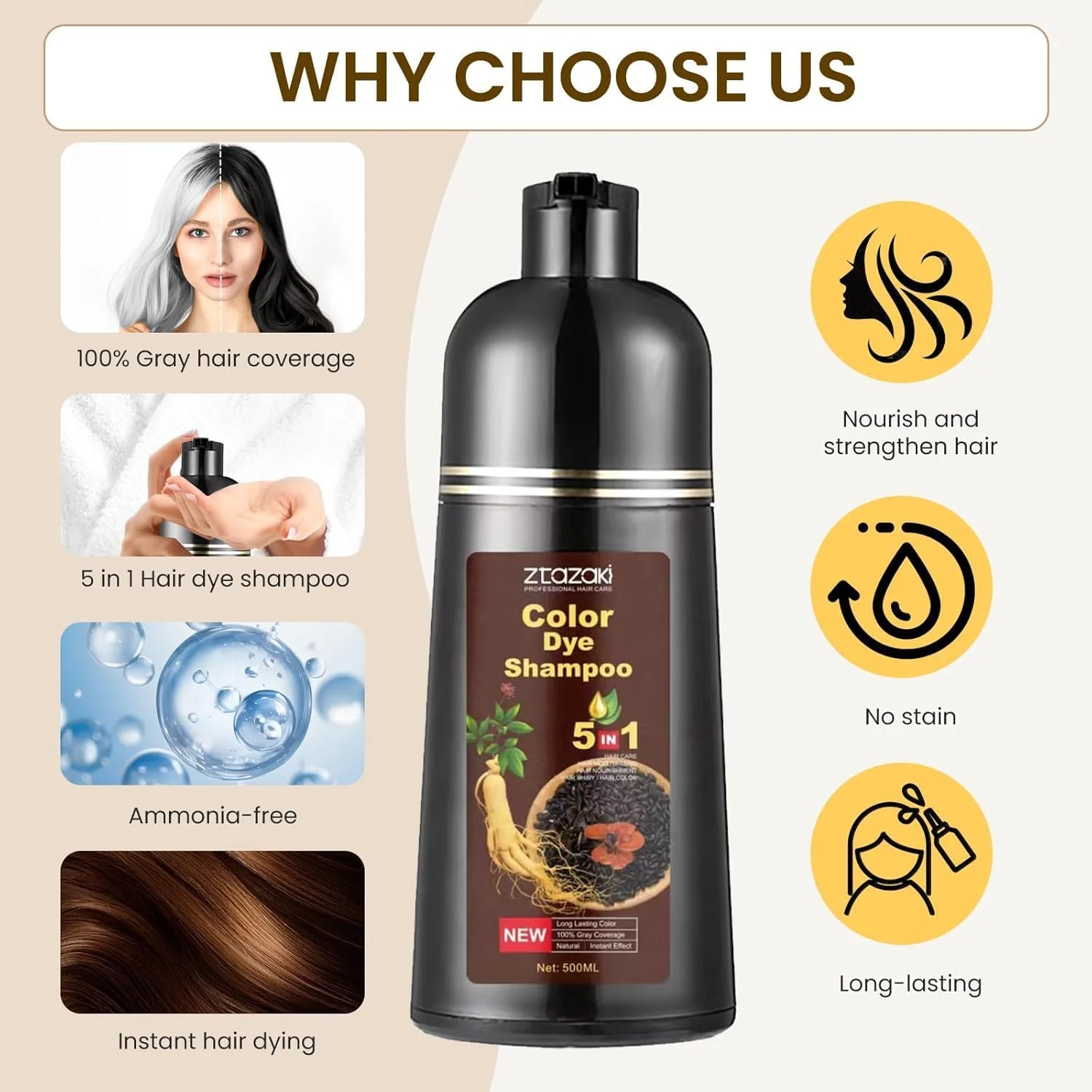 شامپو رنگ مو برای پوشش موهای سفید - 3 در 1 رنگ، تمیز کننده و نرم کننده، فرمول گیاهی طبیعی، بدون آمونیاک، قهوه ای تیره، 500 میلی لیتر، برای خانم ها، رنگ ماندگار