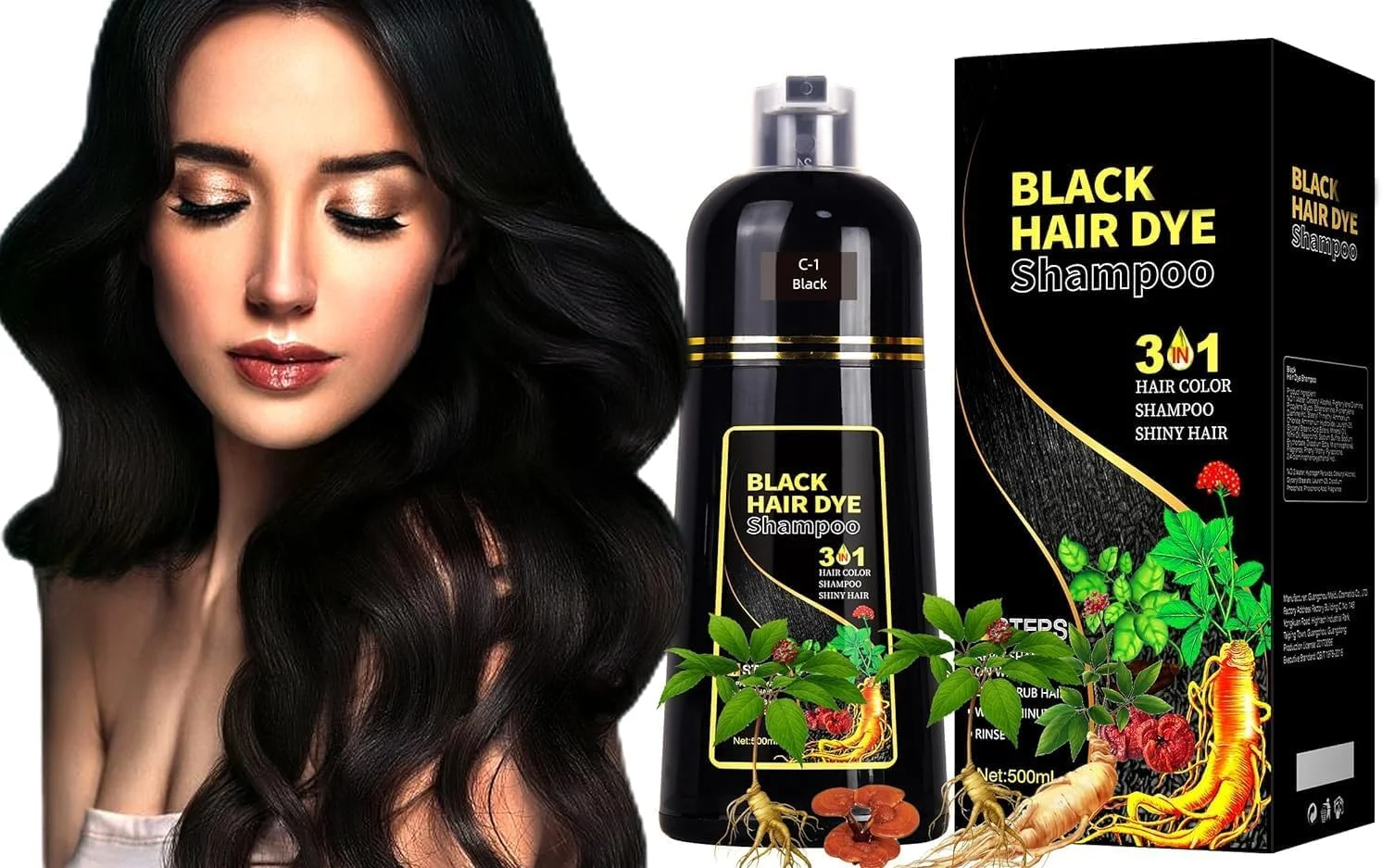 رنگ مو مشکی - شامپو رنگ مو 3 در 1 برای موهای سفید، رنگ موی فوری طبیعی برای آقایان و بانوان، رنگ موی مشکی فوری