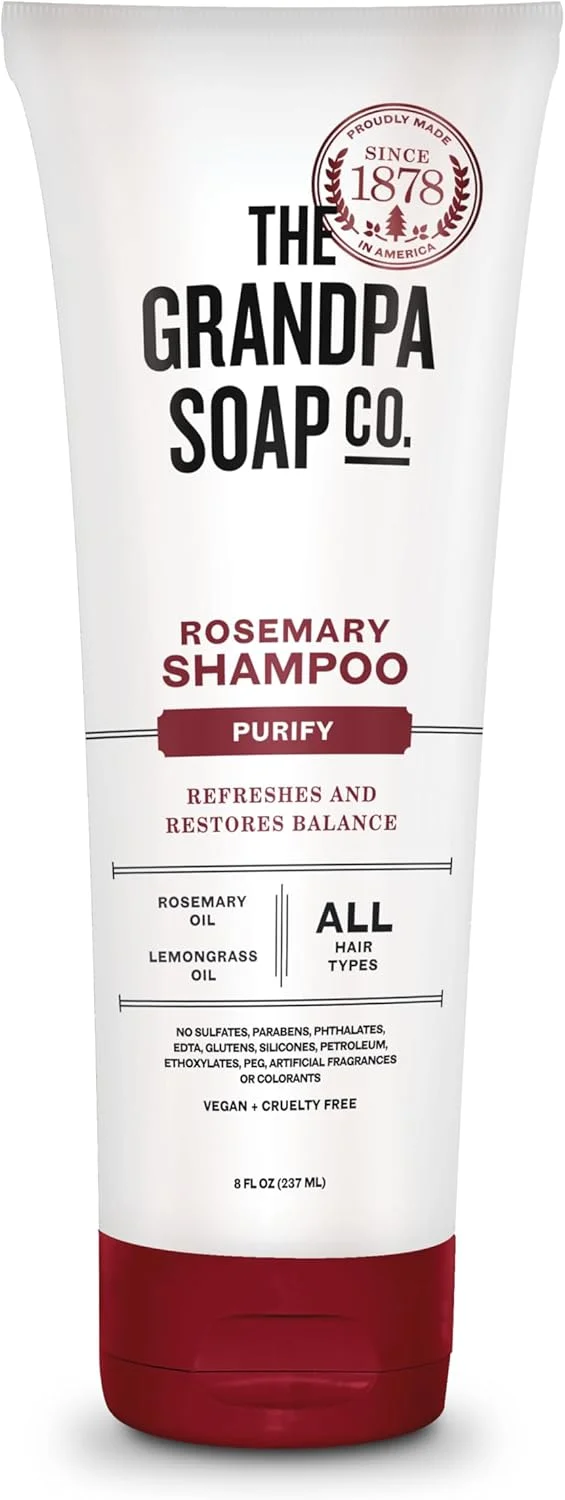 شامپو رزماری Grandpa Soap Company - پاک کننده، حاوی روغن رزماری و روغن علف لیمو، پوست سر و مو را تمیز و شاداب می کند، مناسب برای انواع مو، وگان، بدون سولفات و پارابن، 236 میلی لیتر شامپو رزماری Grandpa Soap Company - پاک کننده، حاوی روغن رزماری و روغن علف لیمو، پوست سر و مو را تمیز و شاداب می کند، مناسب برای انواع مو، وگان، بدون سولفات و پارابن، 236 میلی لیتر
