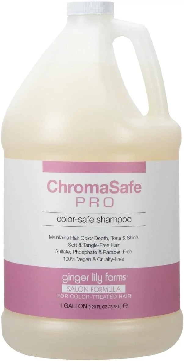 شامپو محافظ رنگ موهای رنگ شده ChromaSafe Pro از Ginger Lily Farms، فرمول سالنی، 100% وگان و بدون تست حیوانی، حجم 1 گالن (128 fl oz)، بسته بندی دوباره پر کردنی شامپو محافظ رنگ موهای رنگ شده ChromaSafe Pro از Ginger Lily Farms، فرمول سالنی، 100% وگان و بدون تست حیوانی، حجم 1 گالن (128 fl oz)، بسته بندی دوباره پر کردنی