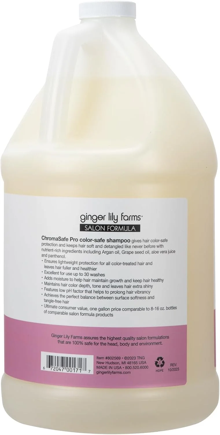 شامپو محافظ رنگ موهای رنگ شده ChromaSafe Pro از Ginger Lily Farms، فرمول سالنی، 100% وگان و بدون تست حیوانی، حجم 1 گالن (128 fl oz)، بسته بندی دوباره پر کردنی