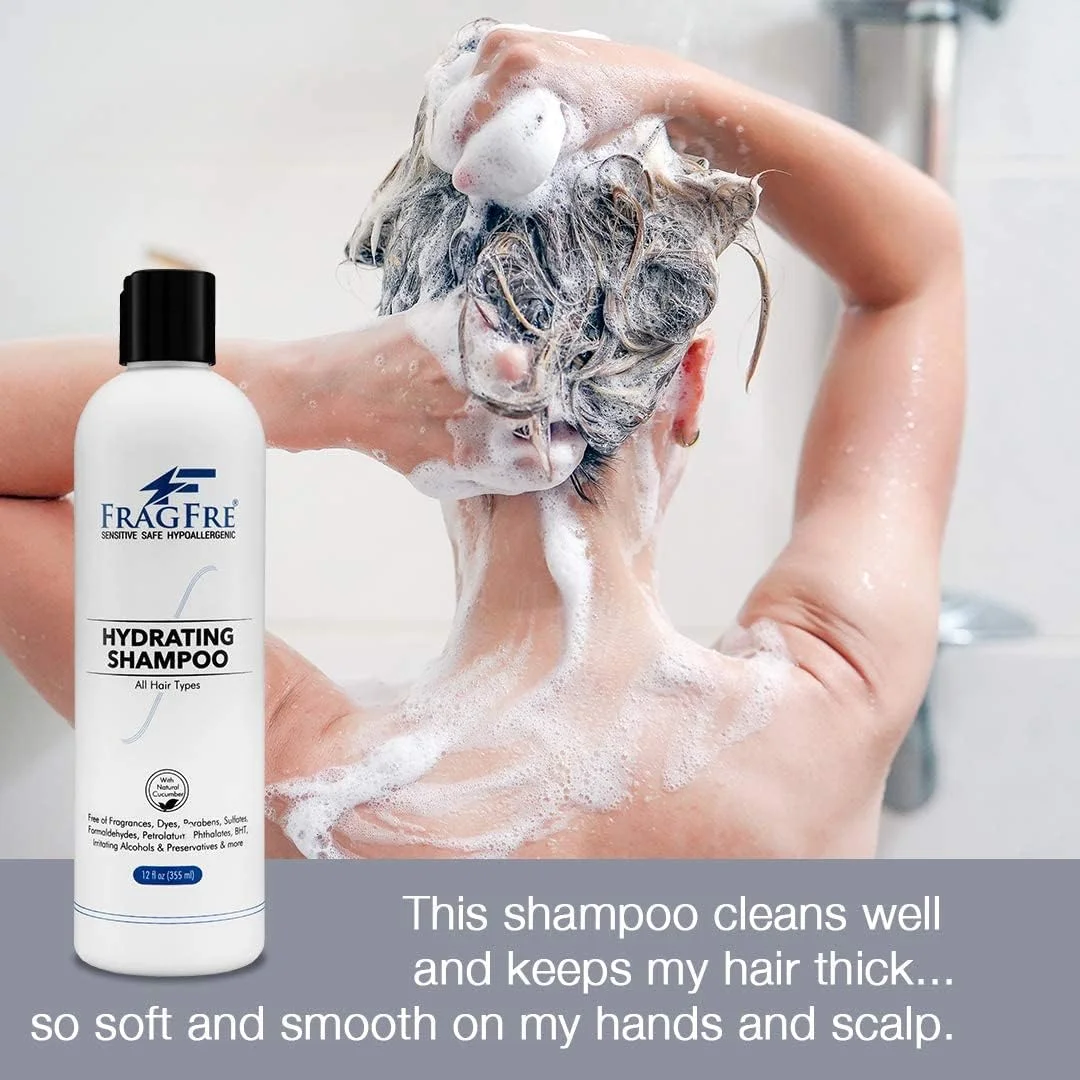 شامپو آبرسان پوست حساس FRAGFRE، 355 میلی لیتر - بدون سولفات، بدون عطر، بدون پارابن، ایمن برای موهای رنگ شده، ضد حساسیت، پاک کننده ملایم مو - بدون گلوتن، وگان، بدون تست حیوانی، حاوی خیار طبیعی