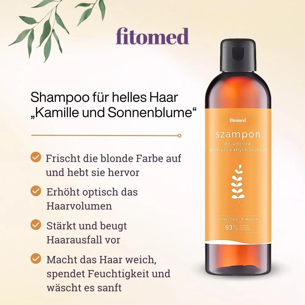 شامپو طبیعی فیتومد برای موهای روشن، 250 میلی لیتر، شامپو تقویت کننده رنگ مو بدون سولفات، پارابن و سیلیکون، با بابونه و آفتابگردان شامپو طبیعی فیتومد برای موهای روشن، 250 میلی لیتر، شامپو تقویت کننده رنگ مو بدون سولفات، پارابن و سیلیکون، با بابونه و آفتابگردان