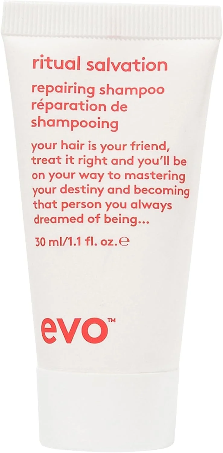 شامپو ترمیم کننده EVO Ritual Salvation - به آرامی تمیز می کند، موهای آسیب دیده و شکننده را درمان می کند و از رنگ مو محافظت می کند - سایز مسافرتی، 30 میلی لیتر شامپو ترمیم کننده EVO Ritual Salvation - به آرامی تمیز می کند، موهای آسیب دیده و شکننده را درمان می کند و از رنگ مو محافظت می کند - سایز مسافرتی، 30 میلی لیتر