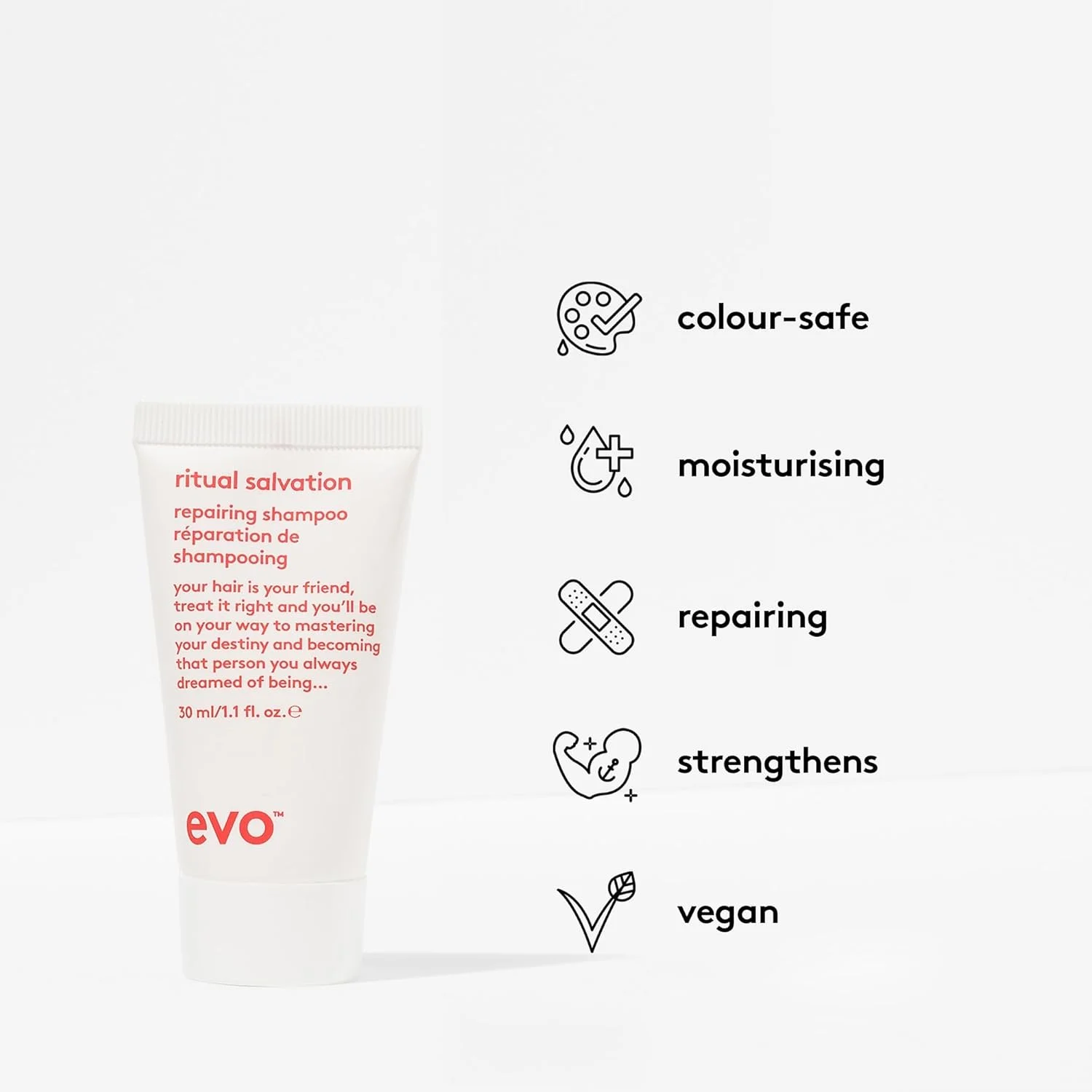 شامپو ترمیم کننده EVO Ritual Salvation - به آرامی تمیز می کند، موهای آسیب دیده و شکننده را درمان می کند و از رنگ مو محافظت می کند - سایز مسافرتی، 30 میلی لیتر شامپو ترمیم کننده EVO Ritual Salvation - به آرامی تمیز می کند، موهای آسیب دیده و شکننده را درمان می کند و از رنگ مو محافظت می کند - سایز مسافرتی، 30 میلی لیتر