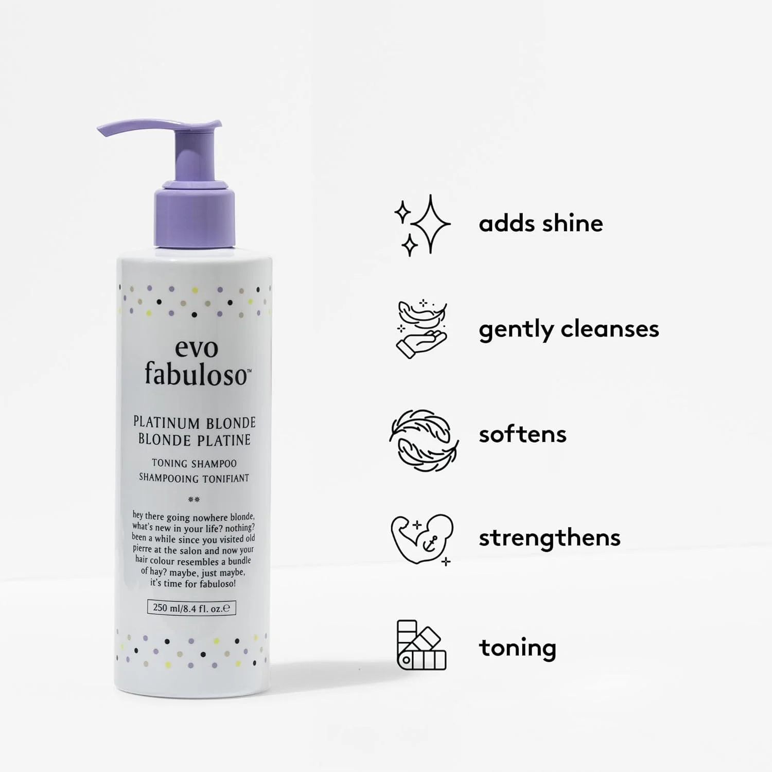 شامپو رنگساژ بلوند پلاتینی EVO Fabuloso - احیا کننده و طراوت بخش موهای رنگ شده - شامپو بنفش برای افزایش ماندگاری رنگ - مناسب موهای بلوند رنگ شده - 250 میلی لیتر شامپو رنگساژ بلوند پلاتینی EVO Fabuloso - احیا کننده و طراوت بخش موهای رنگ شده - شامپو بنفش برای افزایش ماندگاری رنگ - مناسب موهای بلوند رنگ شده - 250 میلی لیتر