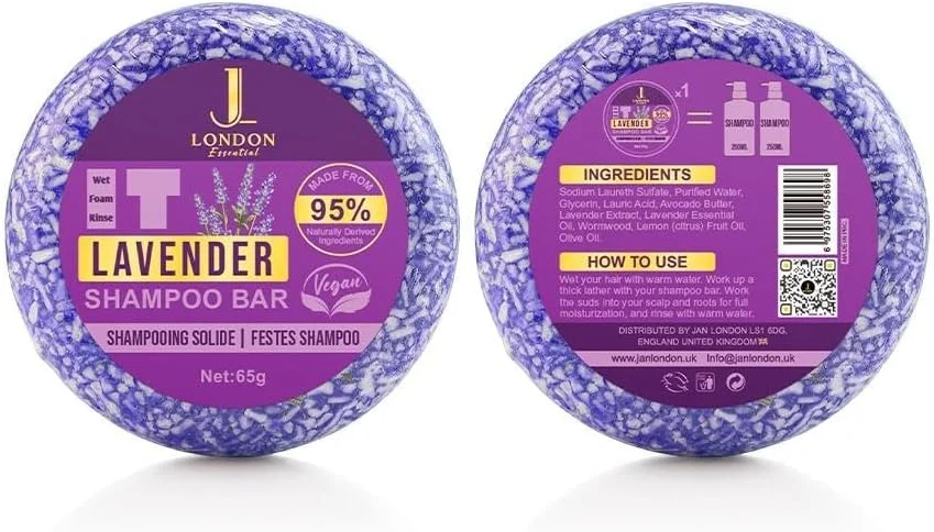 شامپو بار اسطوخودوس JL Essential، ساخته شده با 95% مواد طبیعی برای پاکسازی ملایم مو، رشد و مراقبت از پوست سر، راه حل سازگار با محیط زیست و بدون تست حیوانی برای انواع مو 65 گرم شامپو بار اسطوخودوس JL Essential، ساخته شده با 95% مواد طبیعی برای پاکسازی ملایم مو، رشد و مراقبت از پوست سر، راه حل سازگار با محیط زیست و بدون تست حیوانی برای انواع مو 65 گرم