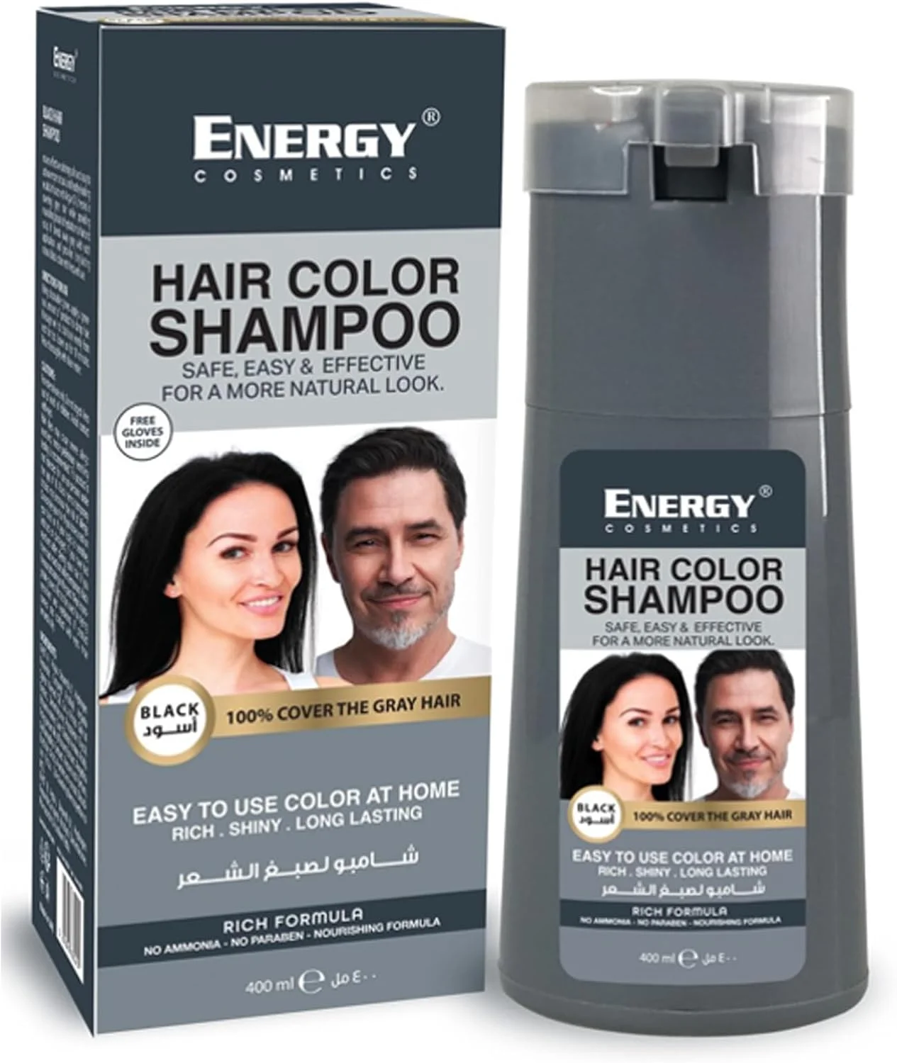 شامپو رنگ مو انرژی کازمتیکس | شامپو رنگ مو ایمن، آسان و موثر | بدون آمونیاک، بدون پارابن | مشکی | 400 میلی لیتر