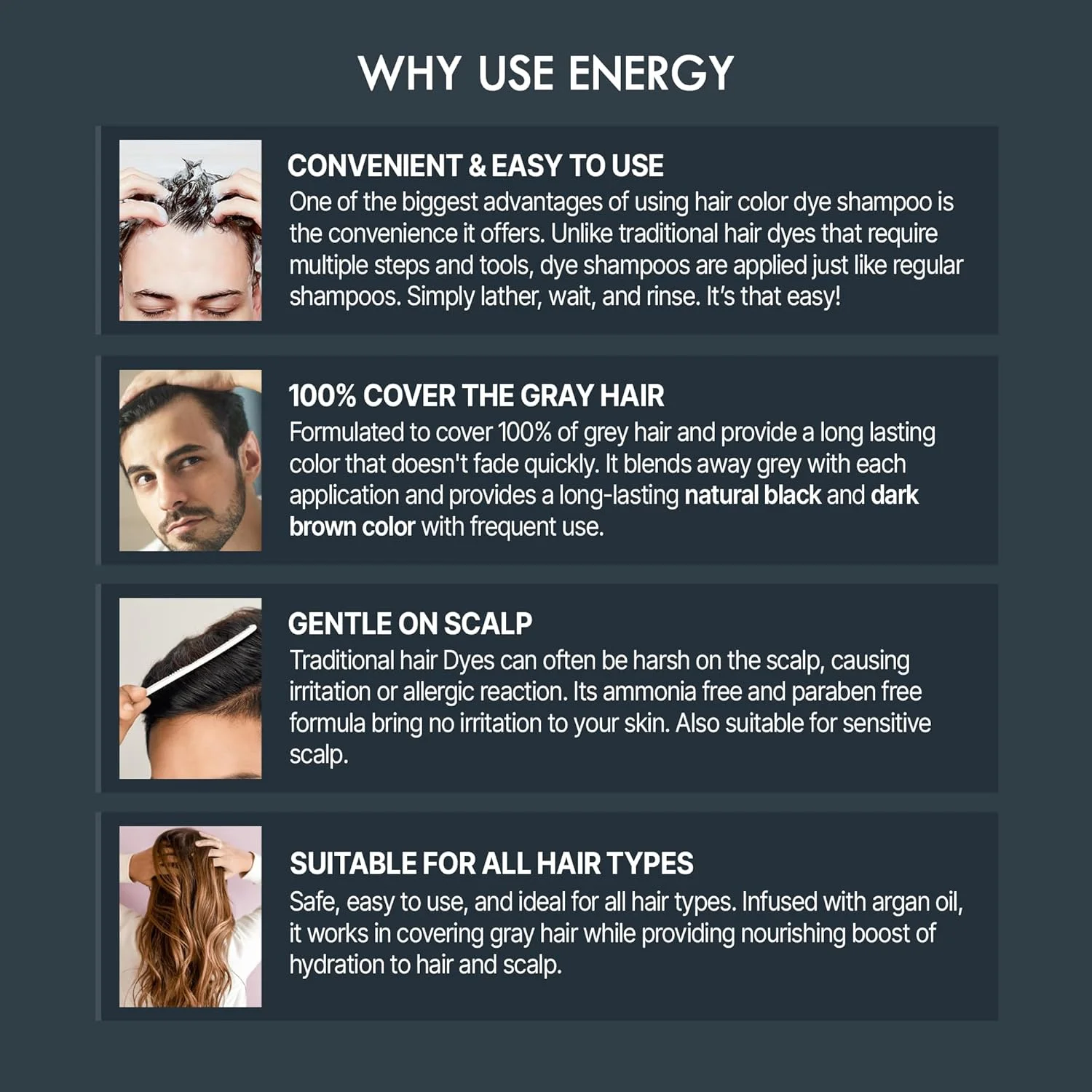 شامپو رنگ مو انرژی کازمتیکس | شامپو رنگ مو ایمن، آسان و موثر | بدون آمونیاک، بدون پارابن | مشکی | 400 میلی لیتر