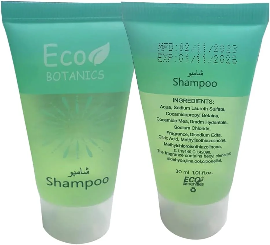 شامپو مسافرتی اکو بوتانیکس، سایز کوچک 30 میلی لیتر، درب فشاری شفاف سبز/آبی (بسته 125 عددی)