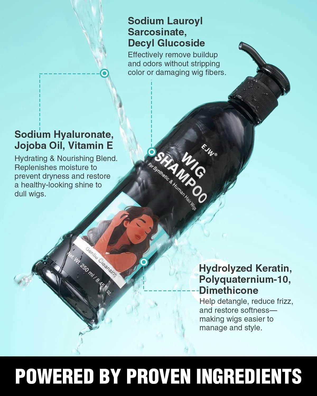 شامپو کلاه گیس EJW - فرمول اسید آمینه متعادل pH برای کلاه گیس های موی مصنوعی و طبیعی - پاک کننده عمیق بدون باقی مانده، محافظت ملایم از الیاف و ضد گره خوردگی با کراتین و روغن جوجوبا شامپو کلاه گیس EJW - فرمول اسید آمینه متعادل pH برای کلاه گیس های موی مصنوعی و طبیعی - پاک کننده عمیق بدون باقی مانده، محافظت ملایم از الیاف و ضد گره خوردگی با کراتین و روغن جوجوبا