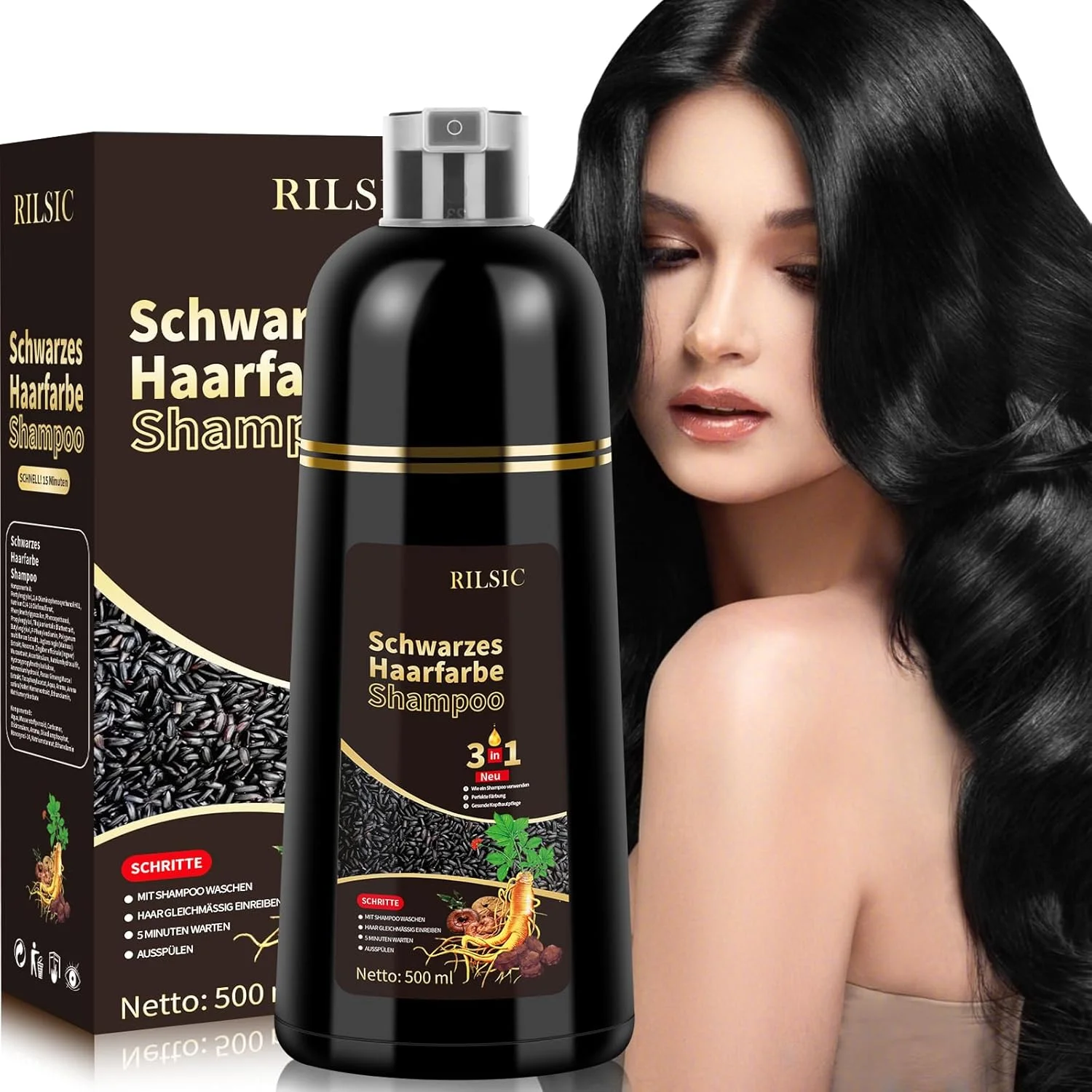 شامپو رنگ مو مشکی 500 میلی لیتری، شامپو رنگ مو مشکی طبیعی، رنگ مو مشکی، شامپو رنگ مو فوری 3 در 1 ضد موهای سفید، رنگ مو، شامپو رنگ مو فوری برای آقایان و بانوان