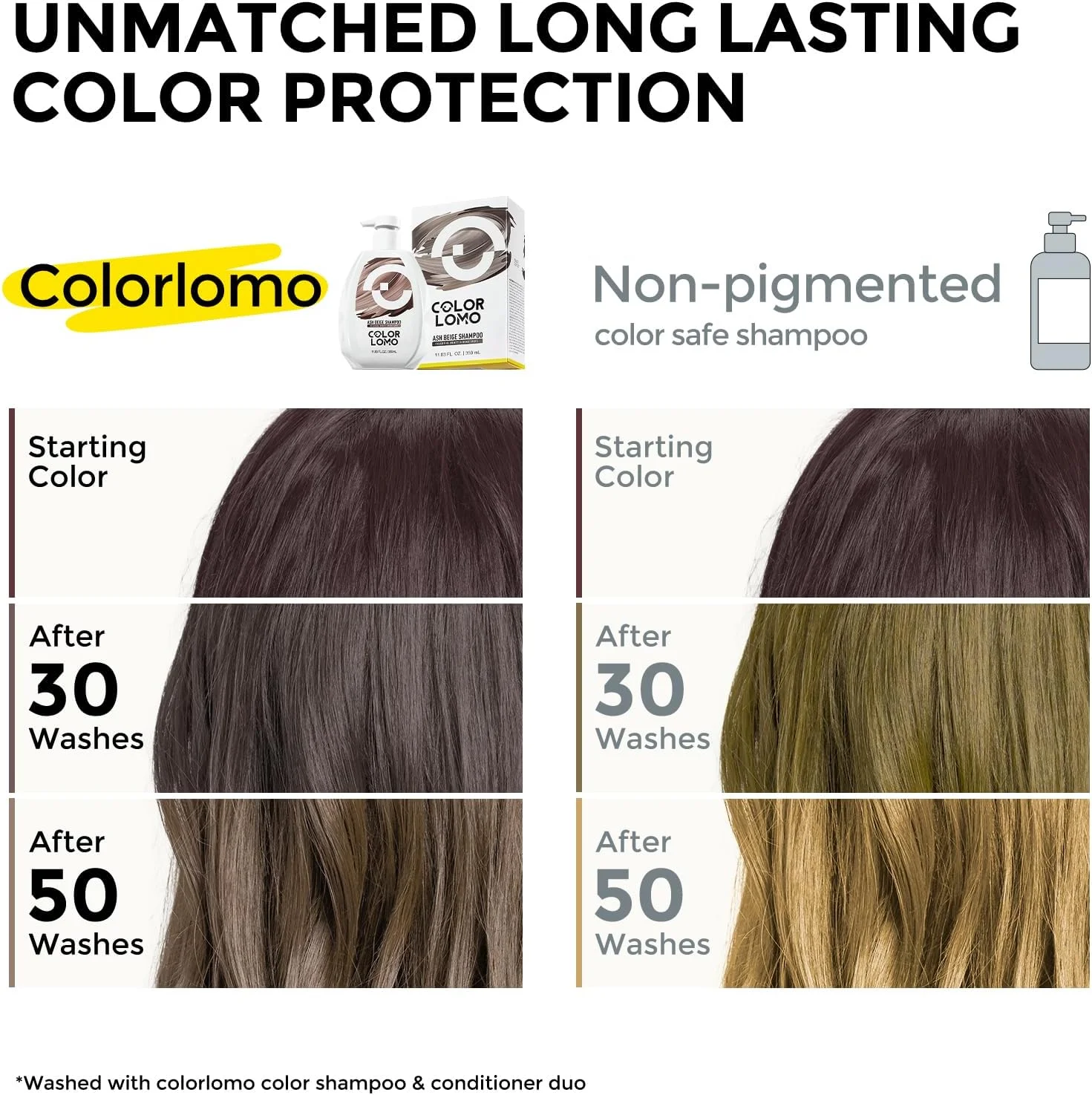 شامپو محافظ رنگ مو COLORLOMO | کمک به جلوگیری از محو شدن رنگ و تغذیه ملایم | افزایش ماندگاری و درخشندگی | فرمول وگان و بدون تست حیوانی | مناسب موهای قهوه ای رنگ شده