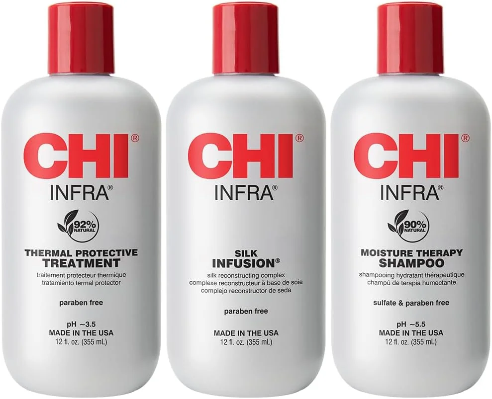 مجموعه سه تایی CHI Infra شامل شامپو Infra، محافظ حرارتی Infra و Silk Infusion برای استحکام و درخشش مو، فاقد پارابن و سولفات، 3 محصول، 355 میلی لیتر