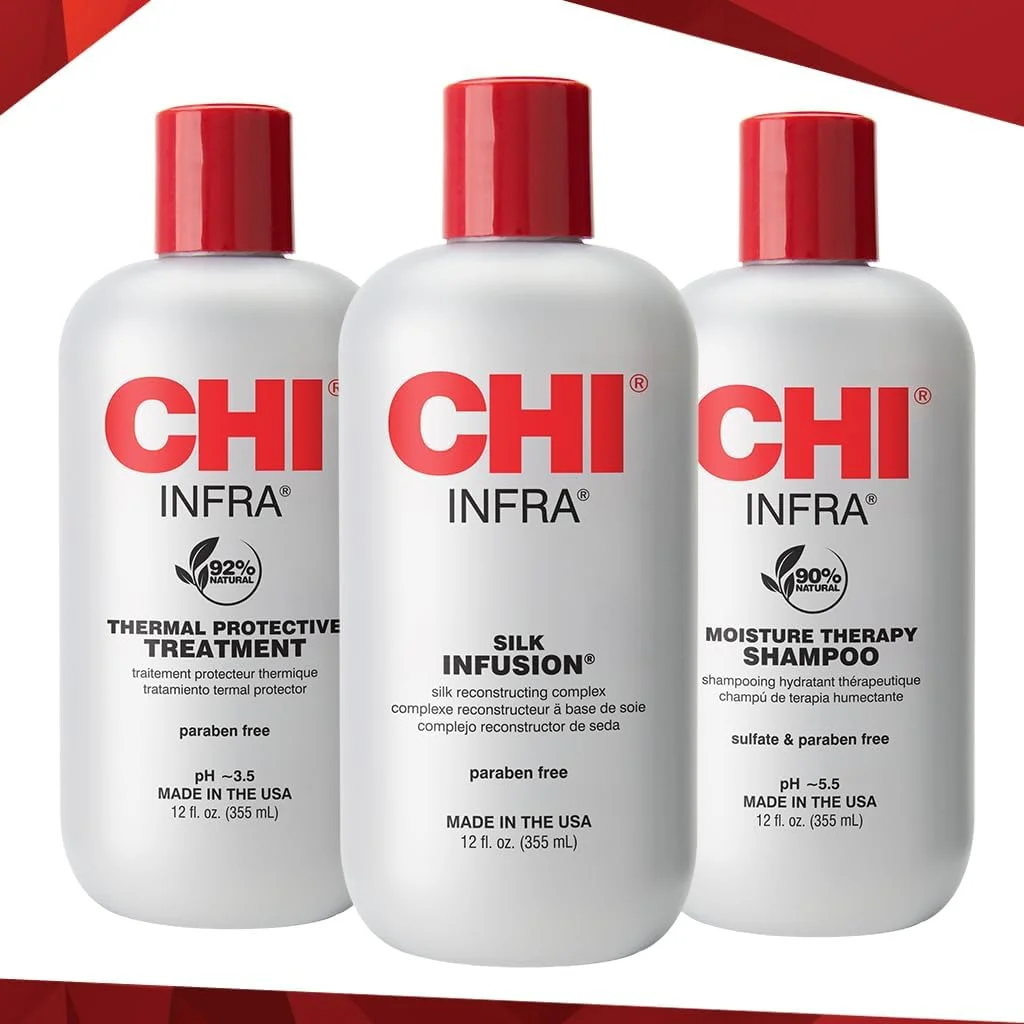 مجموعه سه تایی CHI Infra شامل شامپو Infra، محافظ حرارتی Infra و Silk Infusion برای استحکام و درخشش مو، فاقد پارابن و سولفات، 3 محصول، 355 میلی لیتر مجموعه سه تایی CHI Infra شامل شامپو Infra، محافظ حرارتی Infra و Silk Infusion برای استحکام و درخشش مو، فاقد پارابن و سولفات، 3 محصول، 355 میلی لیتر