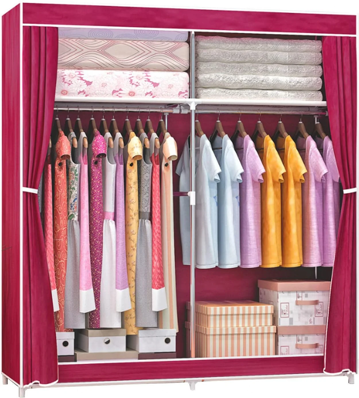 کمد لباس قابل حمل با قفسه، کمد پارچه ای با میله آویز، سازمان دهنده کمد لباس برای اتاق خواب، اتاق نشیمن، قرمز - 130x46x168 سانتی متر