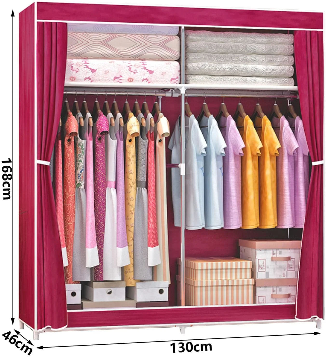 کمد لباس قابل حمل با قفسه، کمد پارچه ای با میله آویز، سازمان دهنده کمد لباس برای اتاق خواب، اتاق نشیمن، قرمز - 130x46x168 سانتی متر