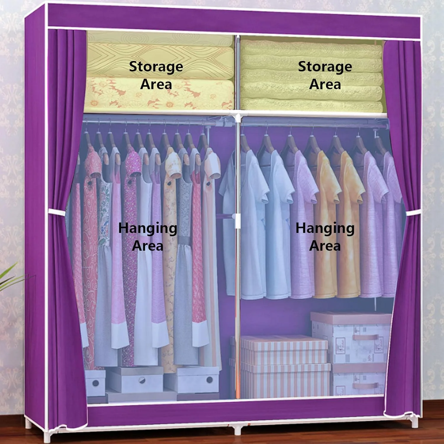 کمد لباس قابل حمل با قفسه، کمد پارچه ای با میله آویز، سازمان دهنده کمد لباس برای اتاق خواب، اتاق نشیمن، قرمز - 130x46x168 سانتی متر