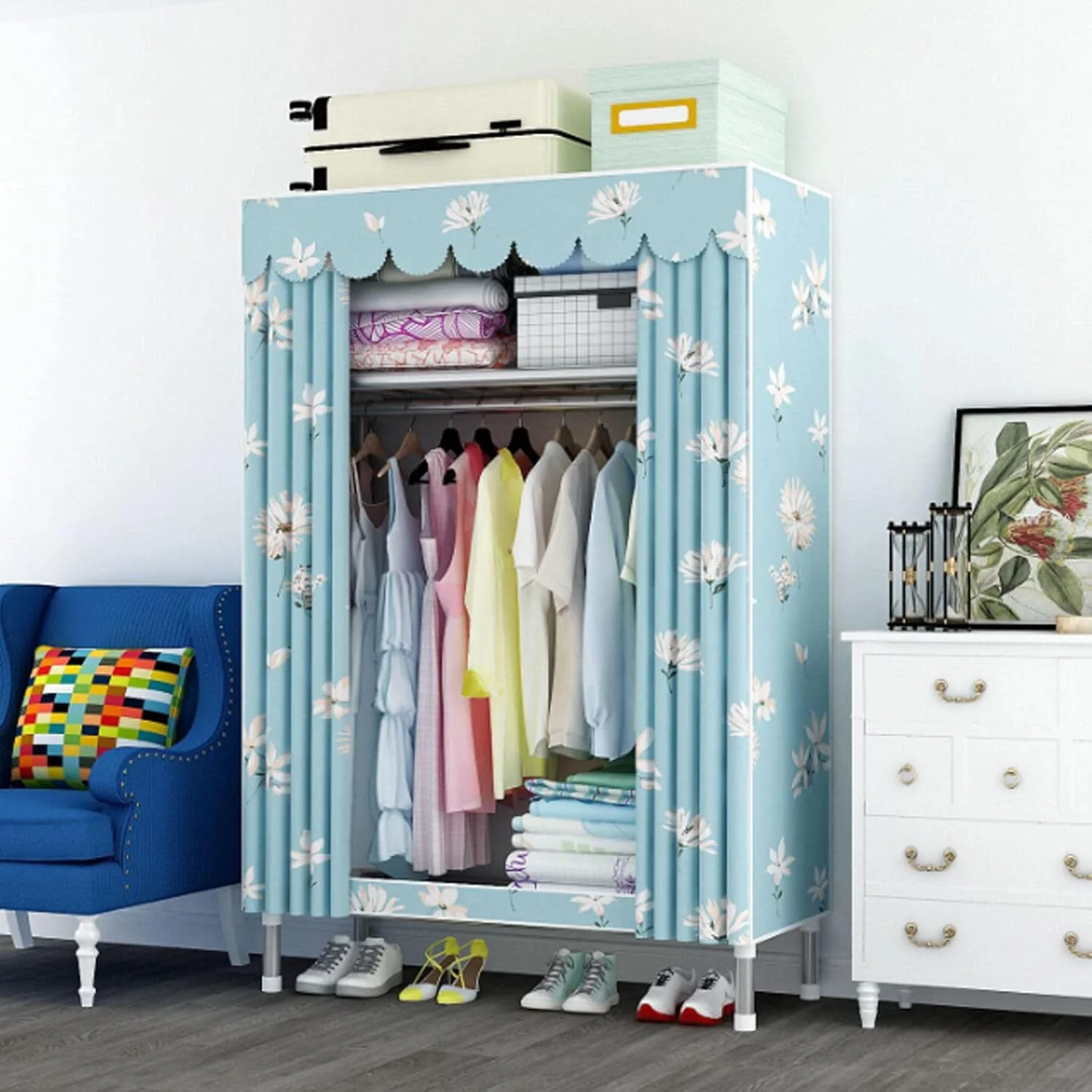 کمد لباس، کمد لباس قابل حمل برزنتی با ریل آویز، قفسه، کمد لباس پارچه ای، سازمان دهنده کمد لباس برای اتاق خواب، A-85x45x175cm